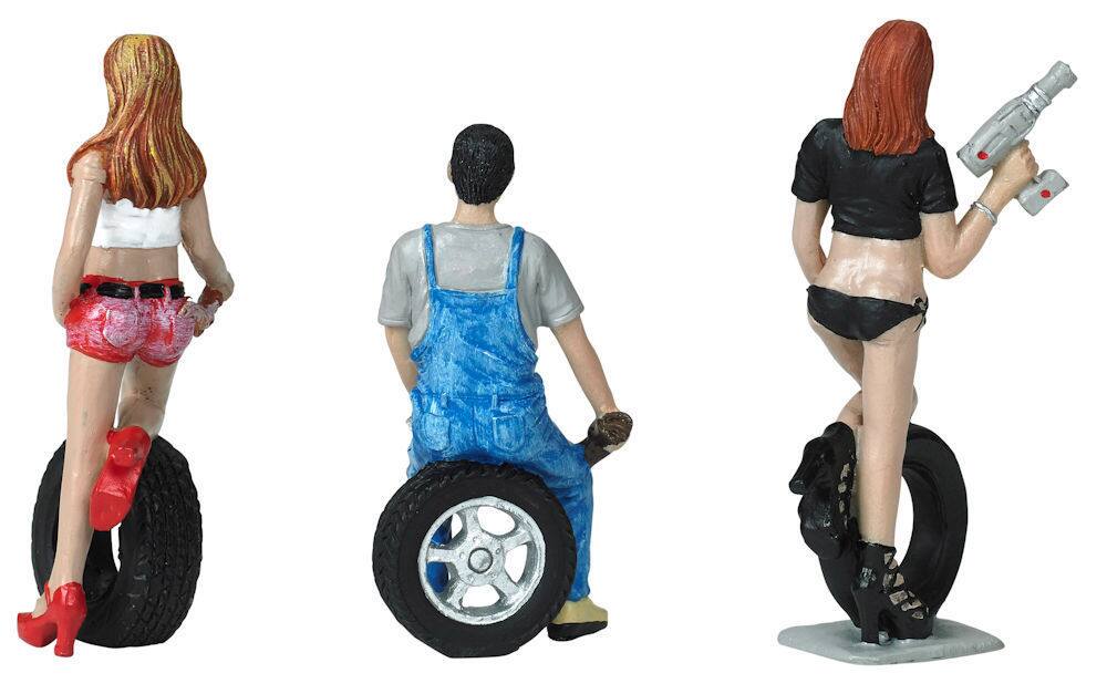 Alt View 2. Motorhead Miniatures - Andie, Derek and Michele Tire Brigade 3 piece Figurine Set 1/24 by Motorhead Miniatures.