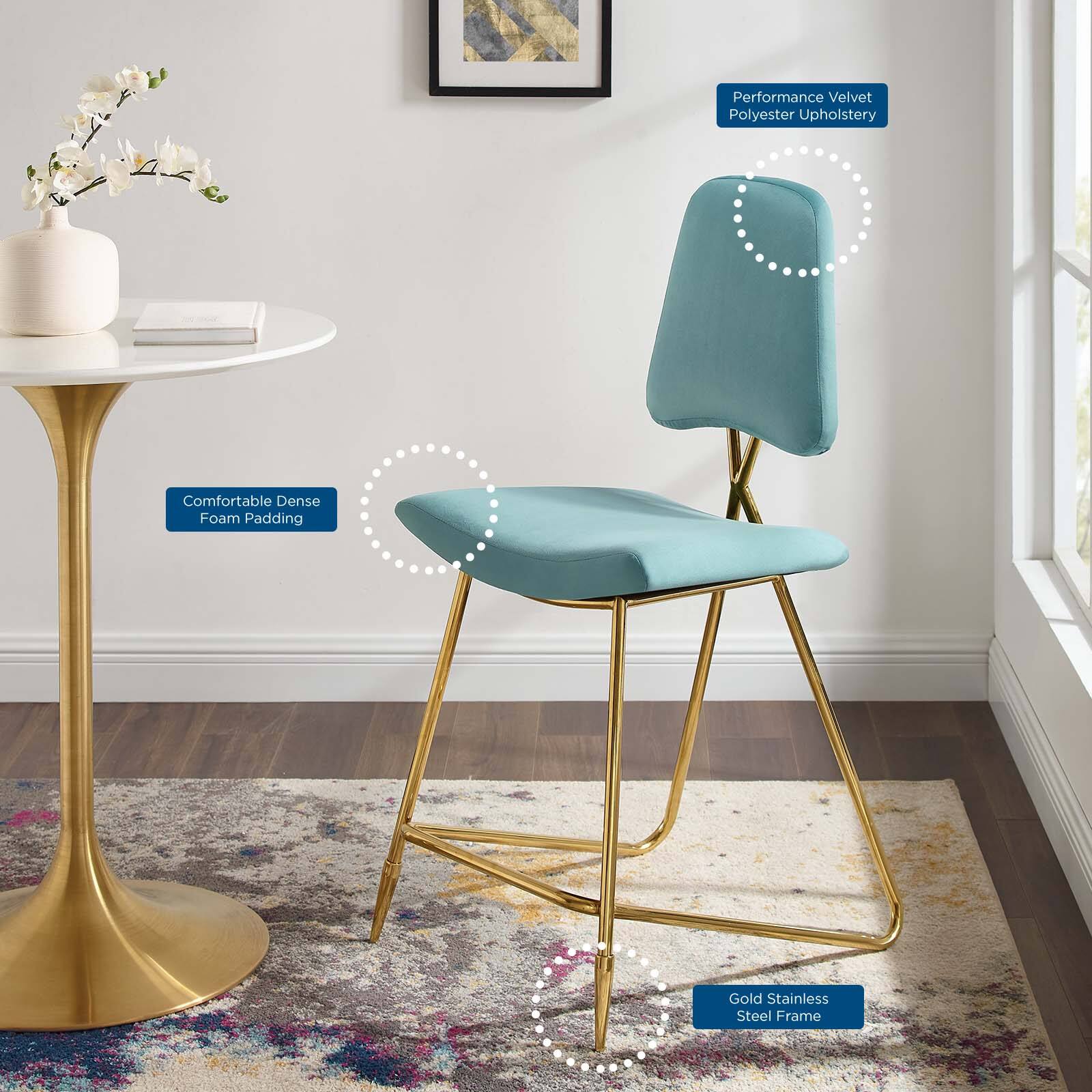- Performance Velvet Polyester Upholstery
- Comfortable Dense Foam Padding
- Gold Stainless Steel Frame