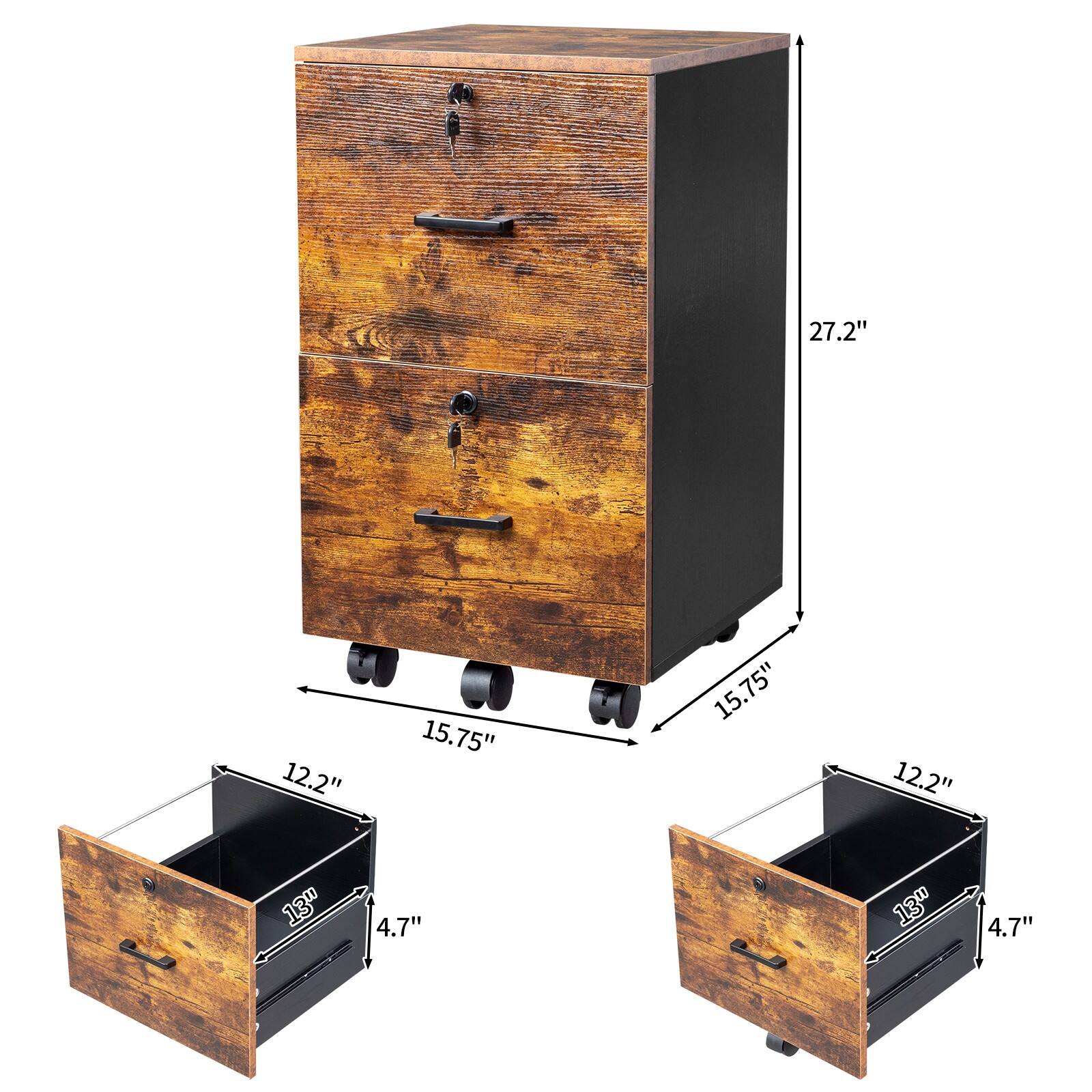 Alt View 2. Winado - 2-Drawer Small Rolling File Cabinet with Lock fits Letter/Legal/A4 Size Office - Rustic Brown & Black.