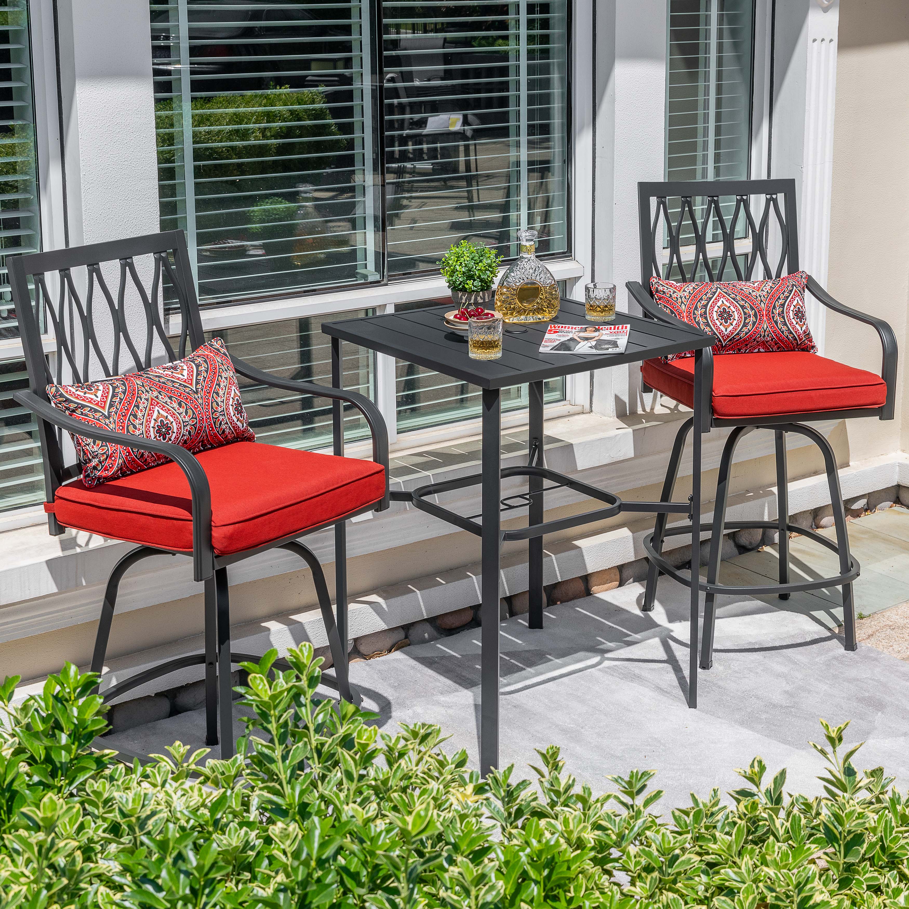 Left. Nuu Garden - Outdoor 3PCS Metal Swivel Bar Set with Umbrella Hole and Padded Cushions - Black and Red.