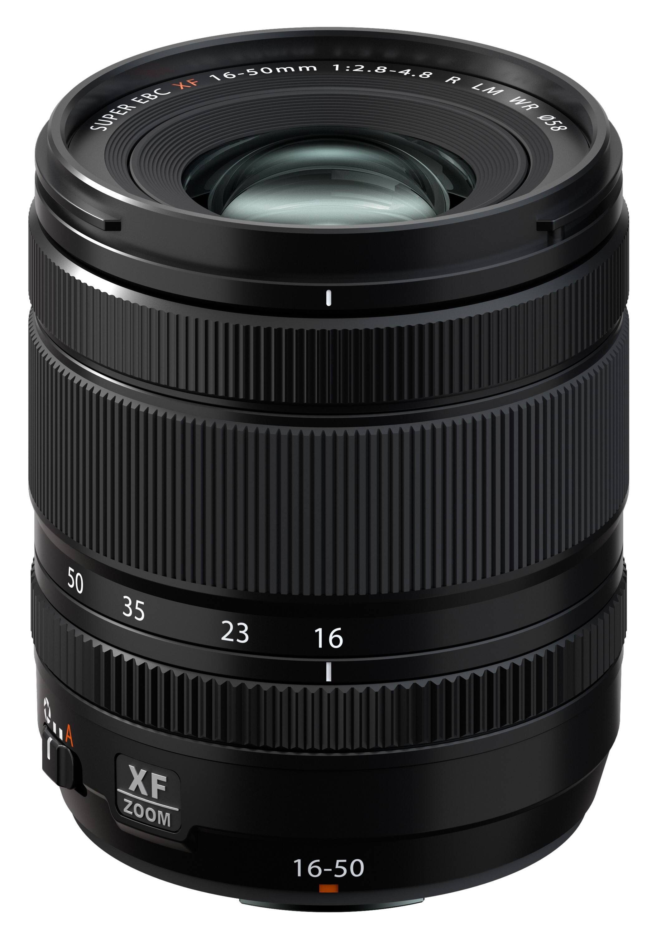 The image features a close-up of a black lens, which is a part of a digital camera. The lens has a focal length of 16-50mm and is designed with a 1:2.8-4.8 aperture. The lens is made by a company called XF, and it is equipped with a zoom feature. The lens is also water-resistant and has a clean, professional appearance.