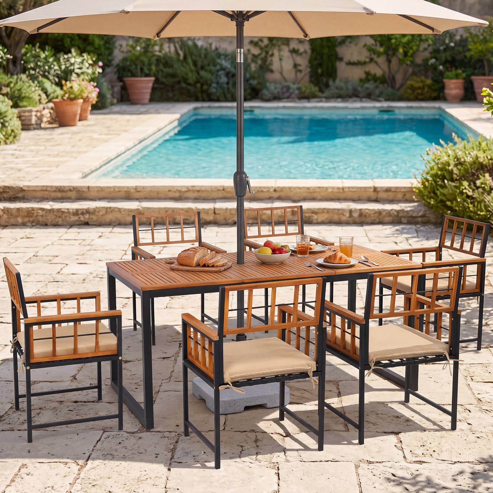 Alt View 4. Costway - Costway 7PCS Outdoor Dining Set, Acacia Wood Rectangular Table & Chairs Set with Cushions - Natural+Black+Beige.