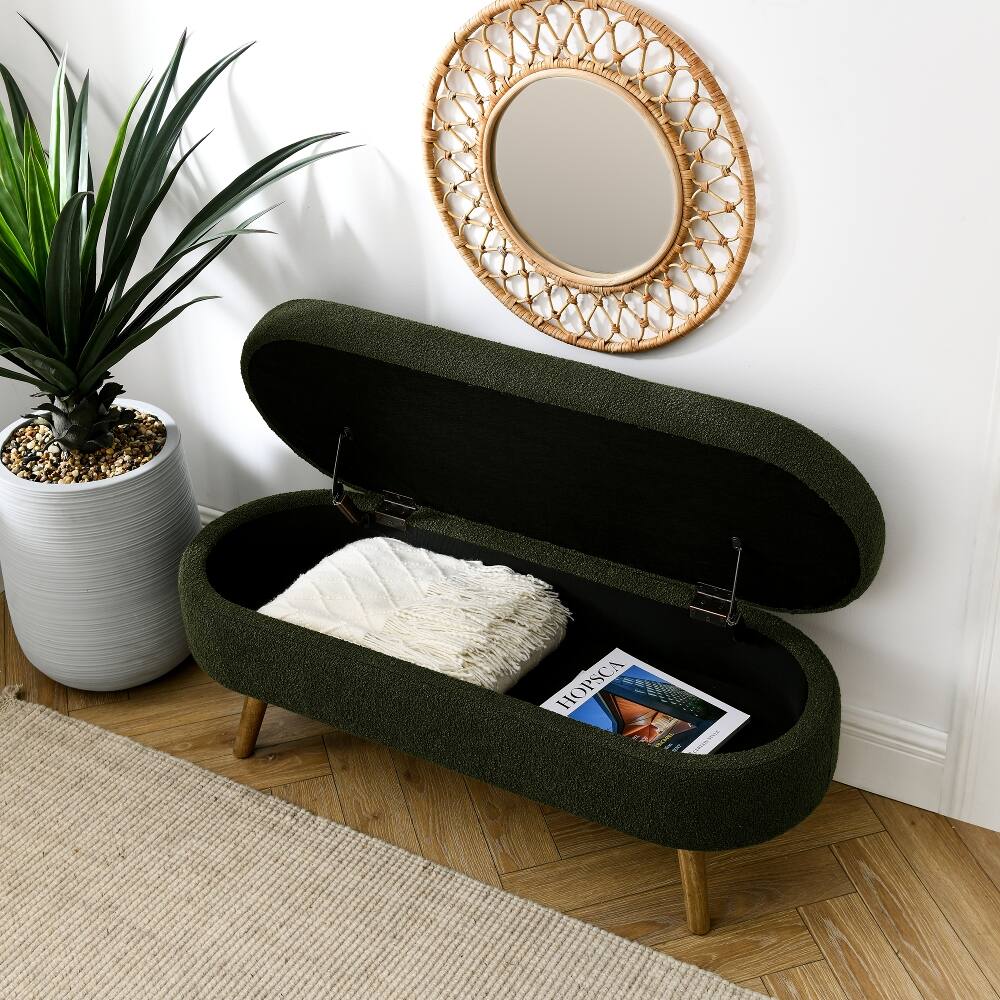 Angle. Ropilly - Ropilly Green Oval Storage Ottoman Bench with Rubber Wood Legs, Pleated Fabric Footstool Seat for Living Room, 43.5 Inch - Green.