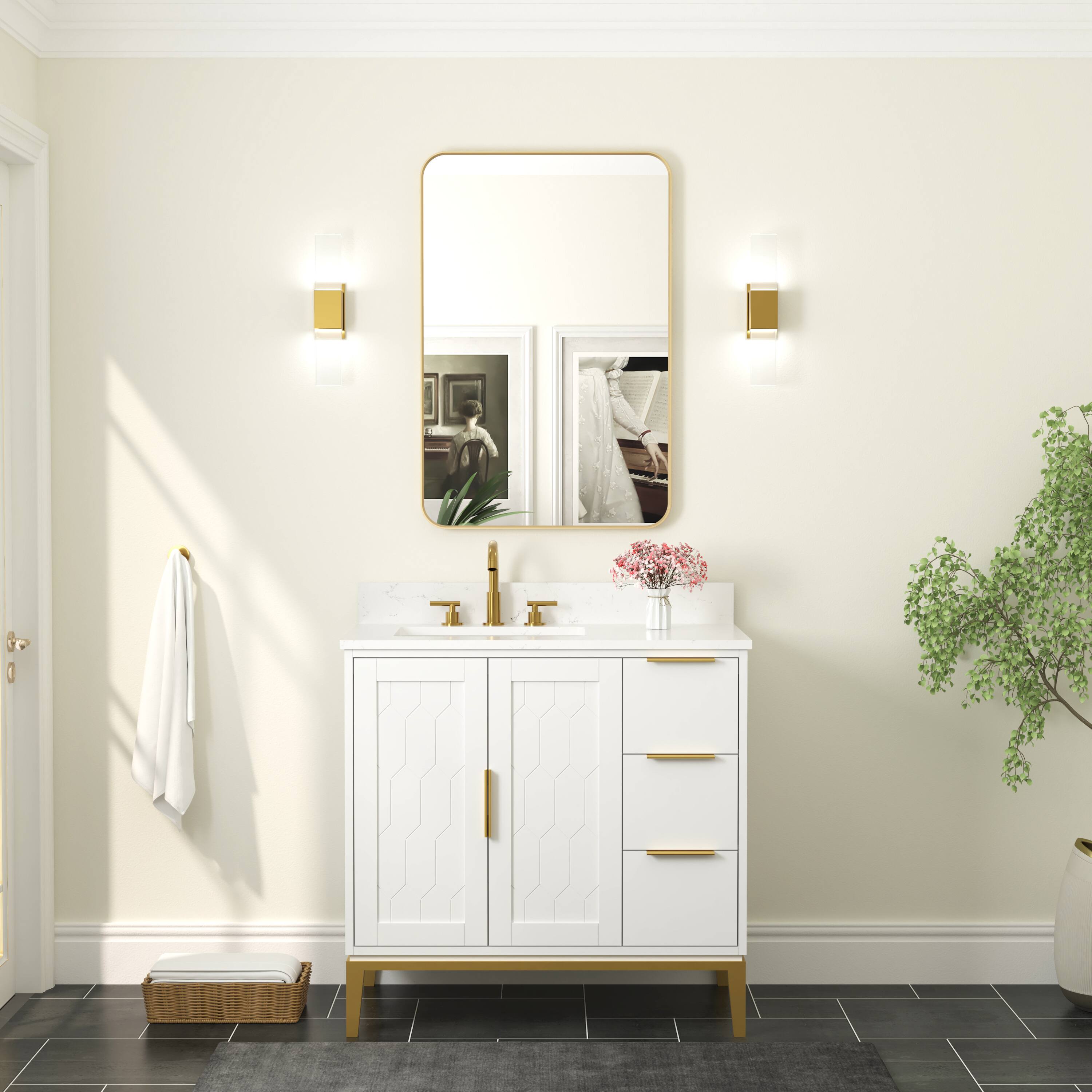 Alt View 1. WELLFOR - 24 in. W. x 36 in. H Rectangular Aluminum Framed Wall-Mounted Bathroom Vanity Mirror - Brushed Gold.