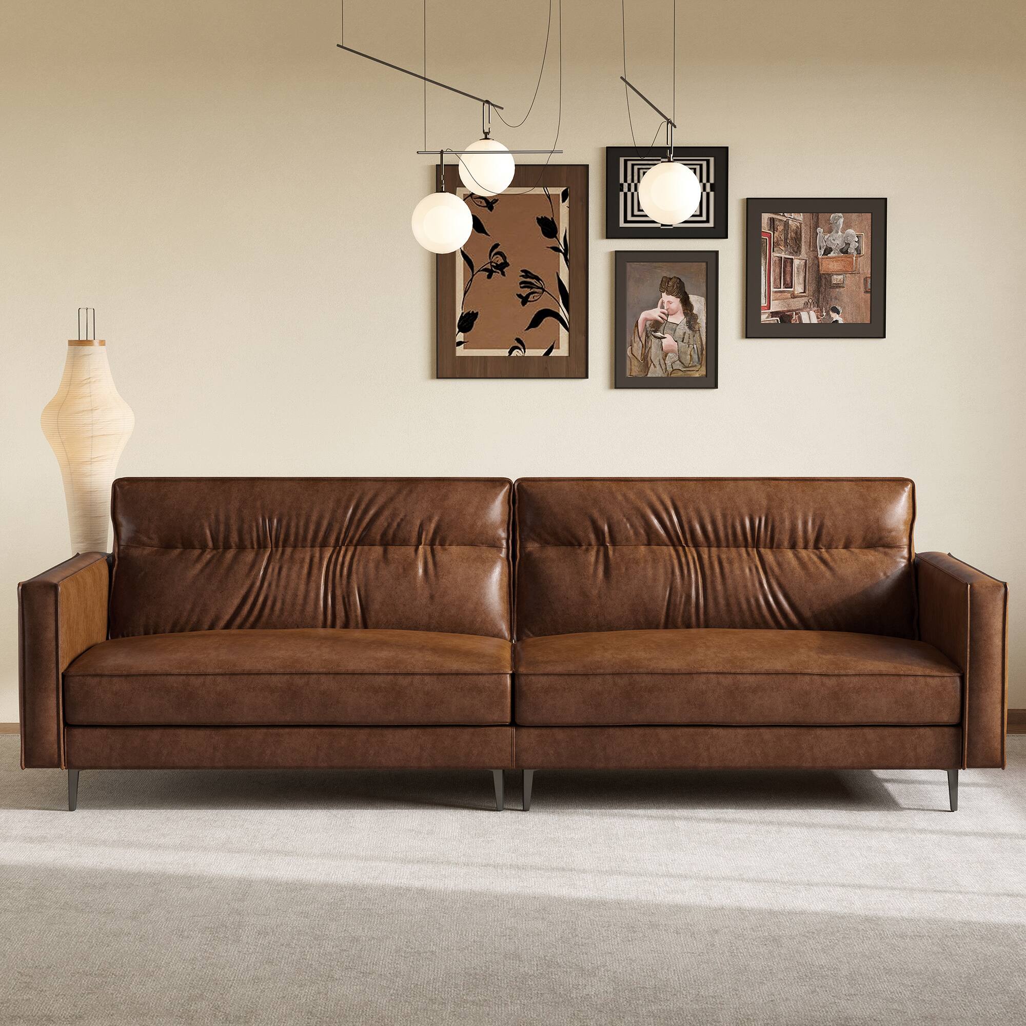 Angle. luck idea - 86.61" Luxury Vintage Oil-Waxed Leather Sofa with Sturdy Frame for Living Room - Brown.