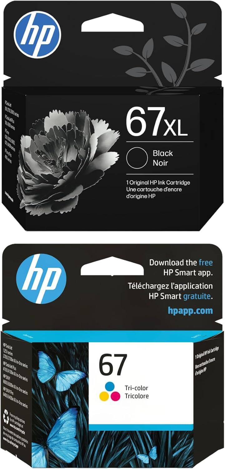 hp Flakan PoektRa 67xL Black Noir  
1 Original HP Ink Cartridge  
Une cartouche d'encre d'origine HP  

Download the free HP Smart app.  
Téléchargez l'application HP Smart gratuite.  
hpapp.com  

67  
Tri-color  
Tricolore  

67xL  
Black  
Noir  
1 Original HP Ink Cartridge  
Une cartouche d'encre d'origine HP