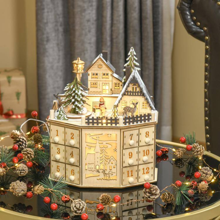 Alt View 2. PULUZ - Christmas Advent Calendar, Light Up Table Xmas Wooden Holiday Decoration with Countdown Drawers and Village - Natural Wood.