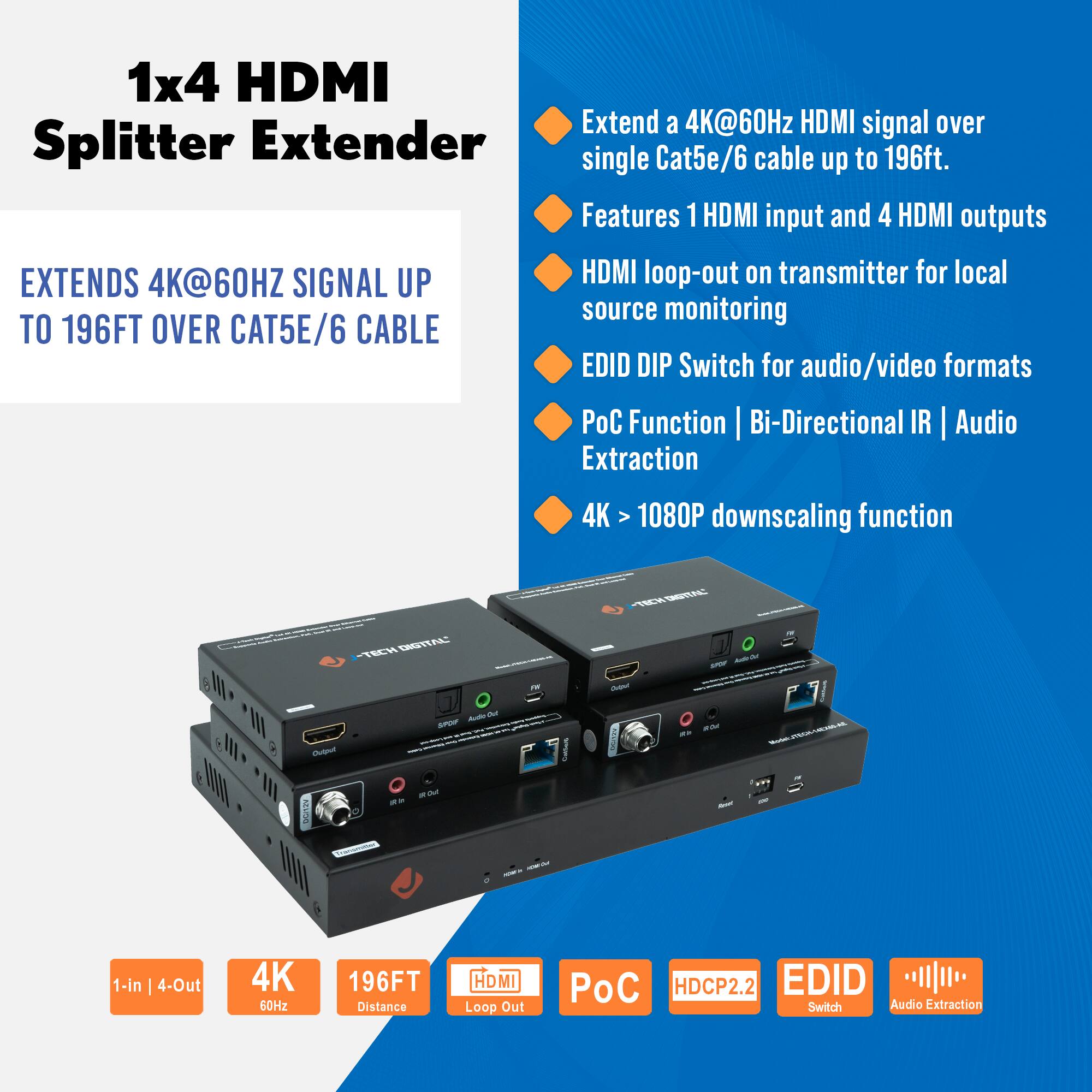 1x4 HDMI Splitter Extender

EXTENDS 4K@60HZ SIGNAL UP TO 196FT OVER CAT5E/6 CABLE

- Extend a 4K@60Hz HDMI signal over single Cat5e/6 cable up to 196ft.
- Features 1 HDMI input and 4 HDMI outputs
- HDMI loop-out on transmitter for local source monitoring
- EDID DIP Switch for audio/video formats
- PoC Function | Bi-Directional IR | Audio Extraction
- 4K > 1080P downscaling function

1-in | 4-Out
4K 60Hz
196FT Distance
HDMI Loop Out
PoC
HDCP2.2
EDID Switch
Audio Extraction