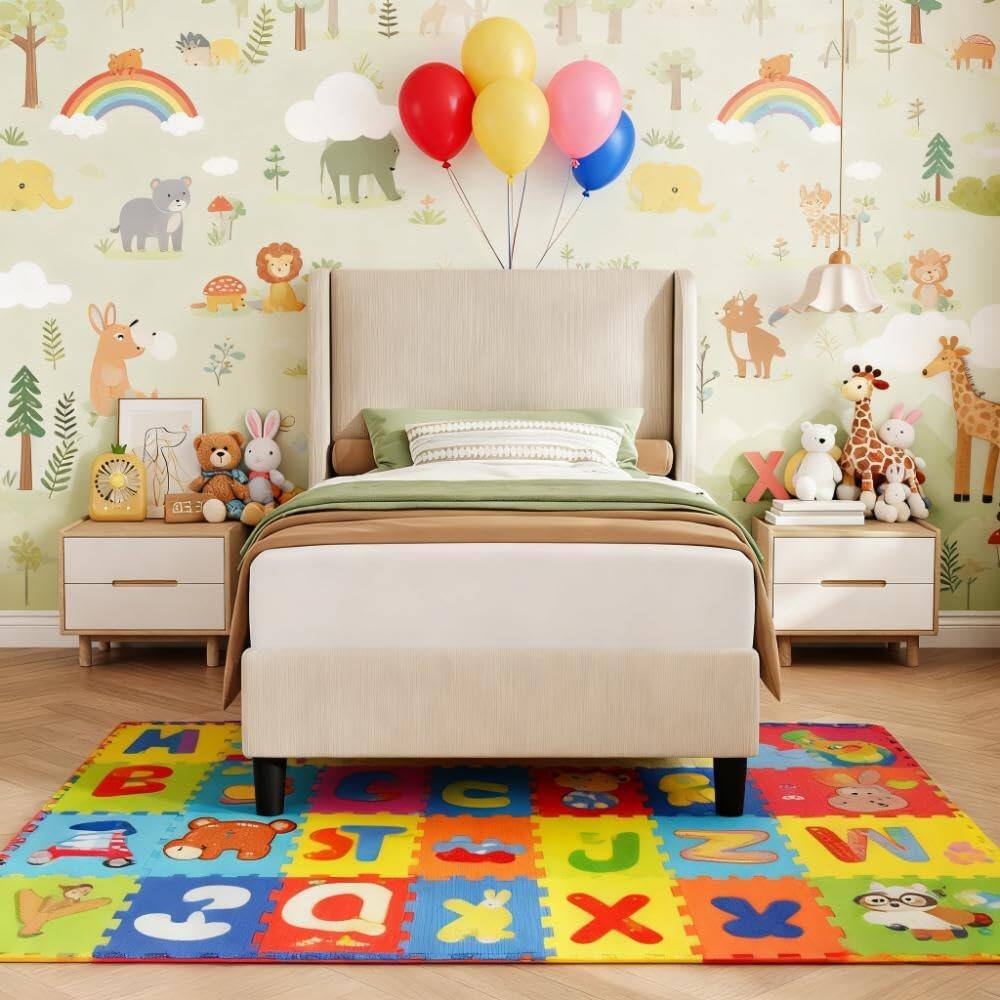 Front. GARVEE - Twin Bed Frame with Wingback Headboard, Velvet Upholstered Bed with 2 Storage Pockets, Wood Slats, Easy Assembly, Beige - Beige.