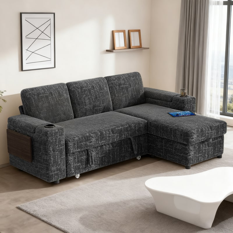 Dyonery - 85" Modular Sectional Sofa with Pull Out Bed,Chenille Fabric 3 Seat Sectional Sleeper Sofa with Storage,for Living Room - Gray