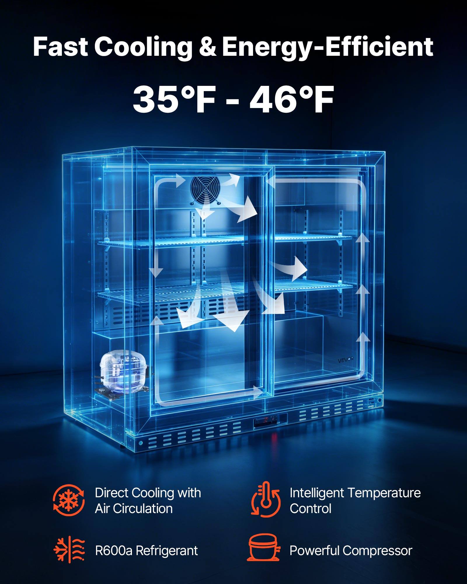 Fast Cooling & Energy-Efficient  
35°F - 46°F  

- Direct Cooling with Air Circulation  
- Intelligent Temperature Control  
- R600a Refrigerant  
- Powerful Compressor