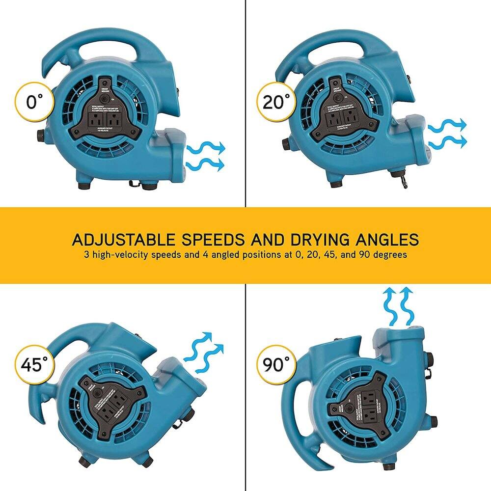 ADJUSTABLE SPEEDS AND DRYING ANGLES

3 high-velocity speeds and 4 angled positions at 0°, 20°, 45°, and 90° degrees