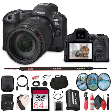 Canon EOS R5 Mark II with RF24-105mm F4 L IS USM Lens
Includes:
- Canon Lens RF24-105mm F4 L IS USM
- Canon EOS R5 Camera
- Canon 64GB SDXC Card
- Canon Lens Hood
- Canon Camera Strap
- Canon Camera Bag
- Canon Cleaning Kit
- Canon Remote Control
- Canon USB Cable
- Canon AC Adapter
- Canon Battery Charger
- Canon Battery