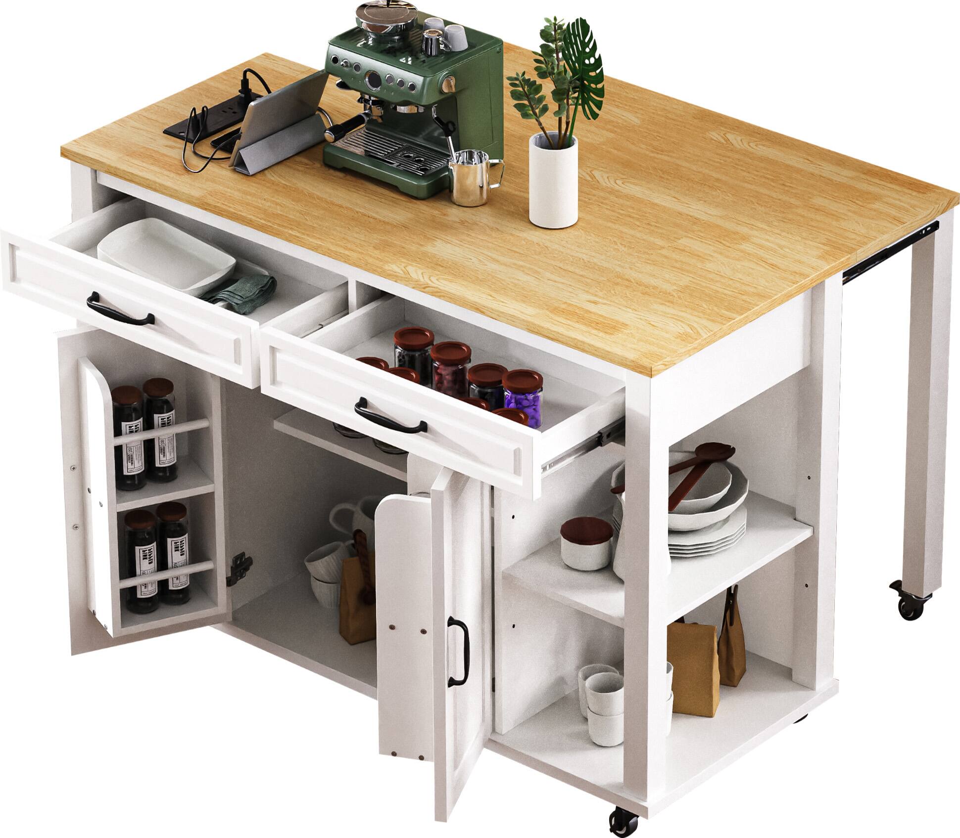 Alt View 1. Forest'nSky - 47 inch Rolling Kitchen Island with Storage, Rubber Wood Veneer Table, Power Outlet, Internal Rack, White - White.