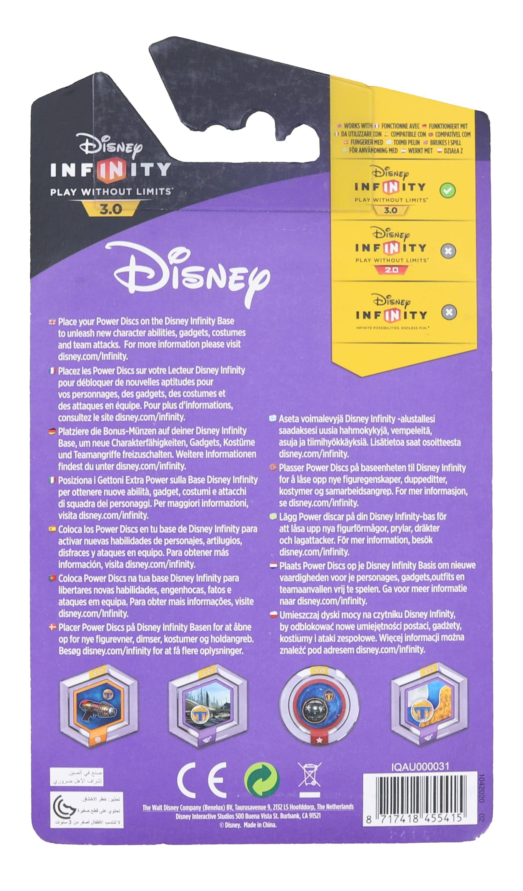 **Disney Infinity 3.0**

**Play Without Limits**

---

**Place your Power Discs on the Disney Infinity Base to unleash new character abilities, gadgets, costumes and team attacks. For more information please visit disney.com/Infinity.**

- **Placez les Power Discs sur votre Lecteur Disney Infinity pour débloquer de nouvelles aptitudes pour vos personnages, des gadgets, des costumes et des attaques en équipe. Pour plus d'informations, consultez disney.com/infinity.**
- **Platziere die Bonus-Münzen auf deiner Disney Infinity Base, um neue Charakterfähigkeiten, Gadgets, Kostüme und Teamangriffe freizuschalten. Weitere Informationen findest du unter disney.com/infinity.**
- **Posiziona i Gettoni Power Disney Infinity sulla Base Extra per ottenere nuove abilità, gadget, costumi e attacchi in squadra dei personaggi. Per maggiori informazioni, visita disney.com/infinity.**
- **Coloca los Power Discs en tu base de Disney Infinity para activar nuevas habilidades de personajes, artículos, disfraces y ataques en equipo. Para obtener más