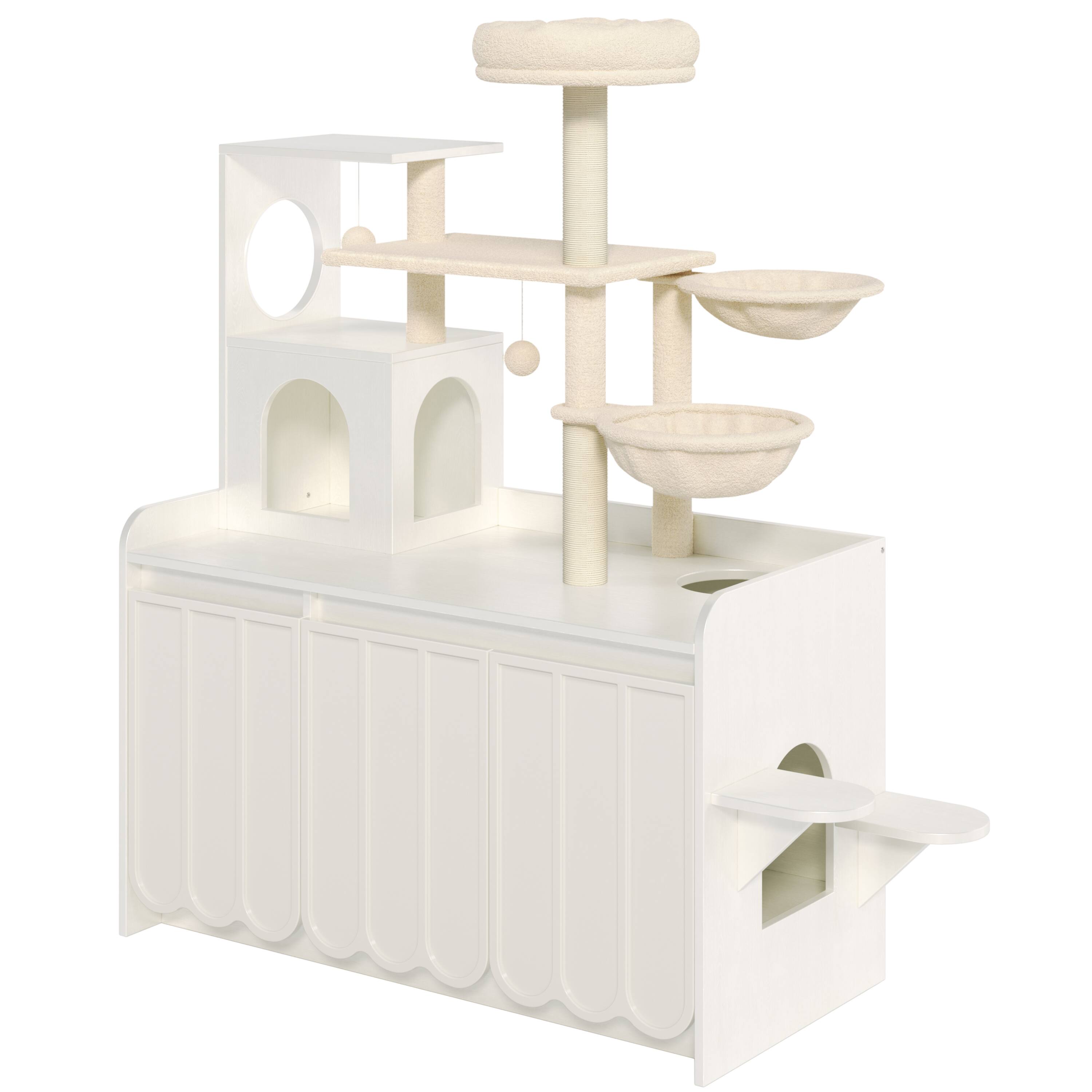 Left. Whisen - 50.6" Multi-Level Cat Tree with Hidden Litter Box Enclosure, Storage Cabinet, Sisal Scratching Posts - White.