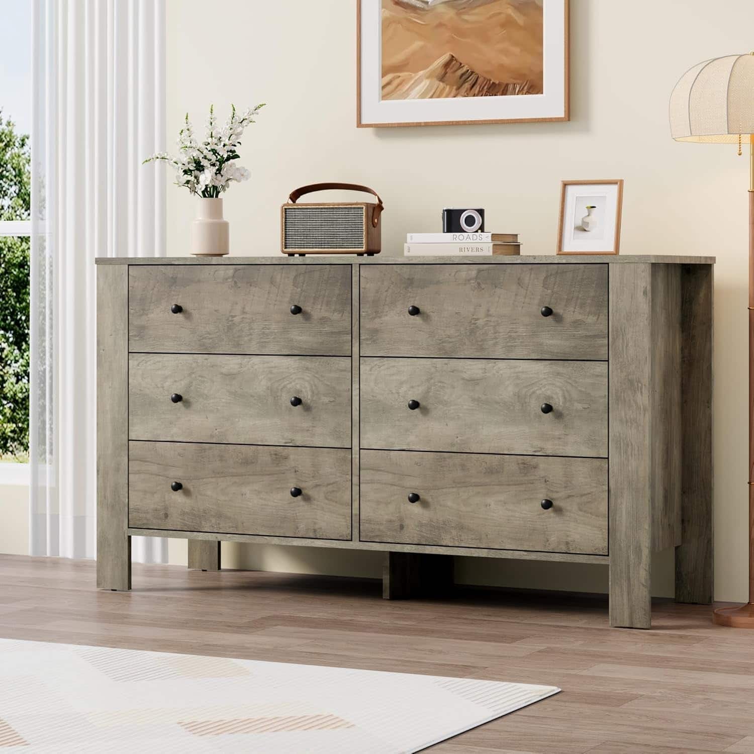 Babevy - Storage Cabinet Chest of Drawers 6-Drawer Cabinet with Panel Legsfor Living Room, Hallway, Entryway - Gray
