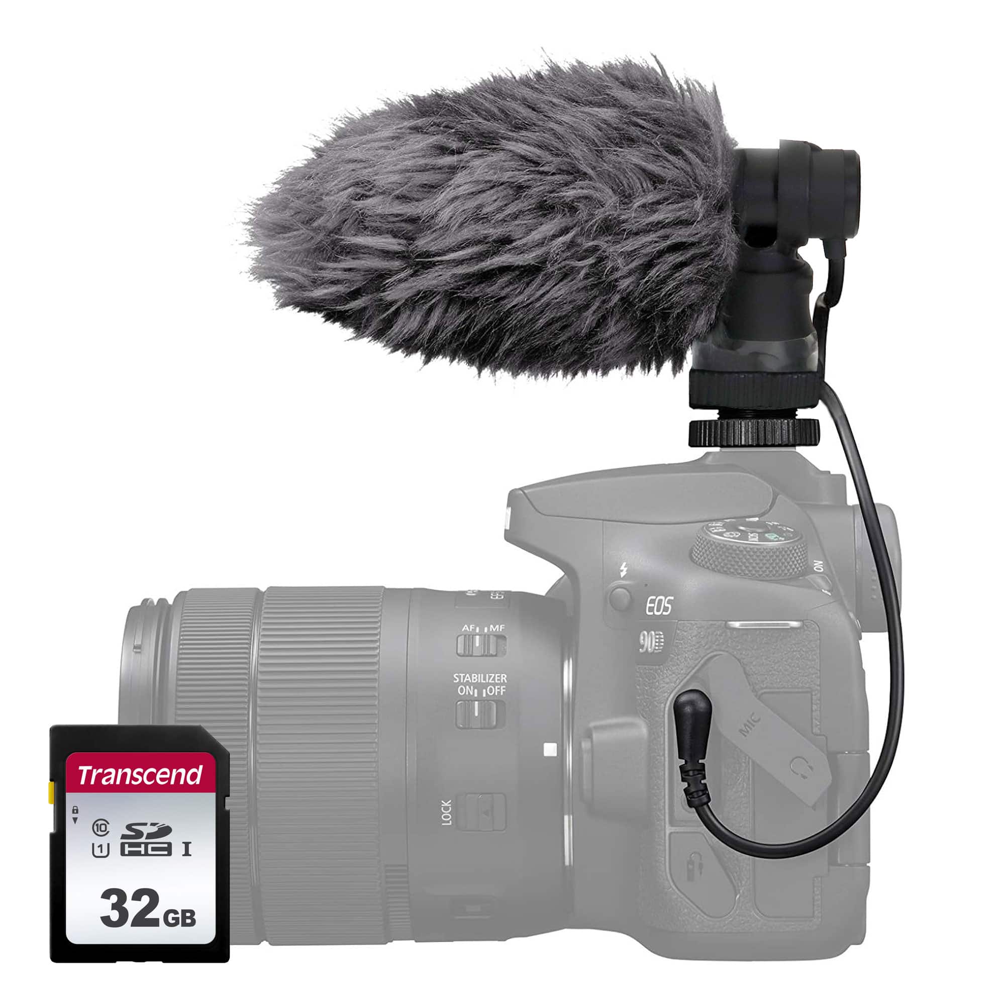 Canon - DM-E100 Stereo Microphone with Wind Screen + Transcend 32GB SDXC/SDHC Card - Black