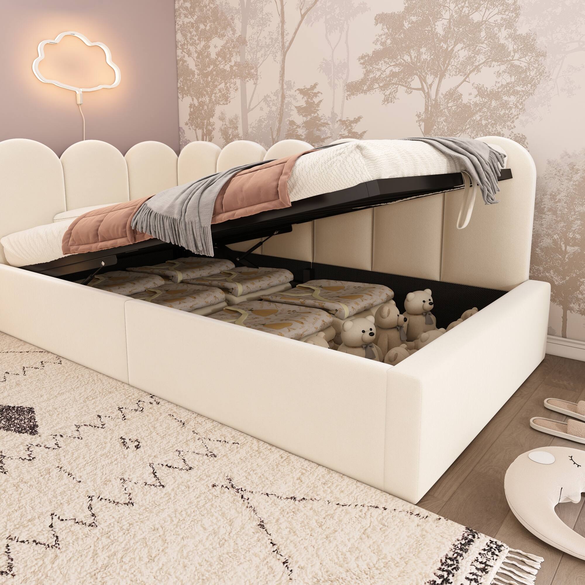 Alt View 5. GOODSILO - Upholstered Daybed with Hydraulic Storage, Twin Size Sofa Bed Frame with Metal Slats and Velvet Covering - Beige.