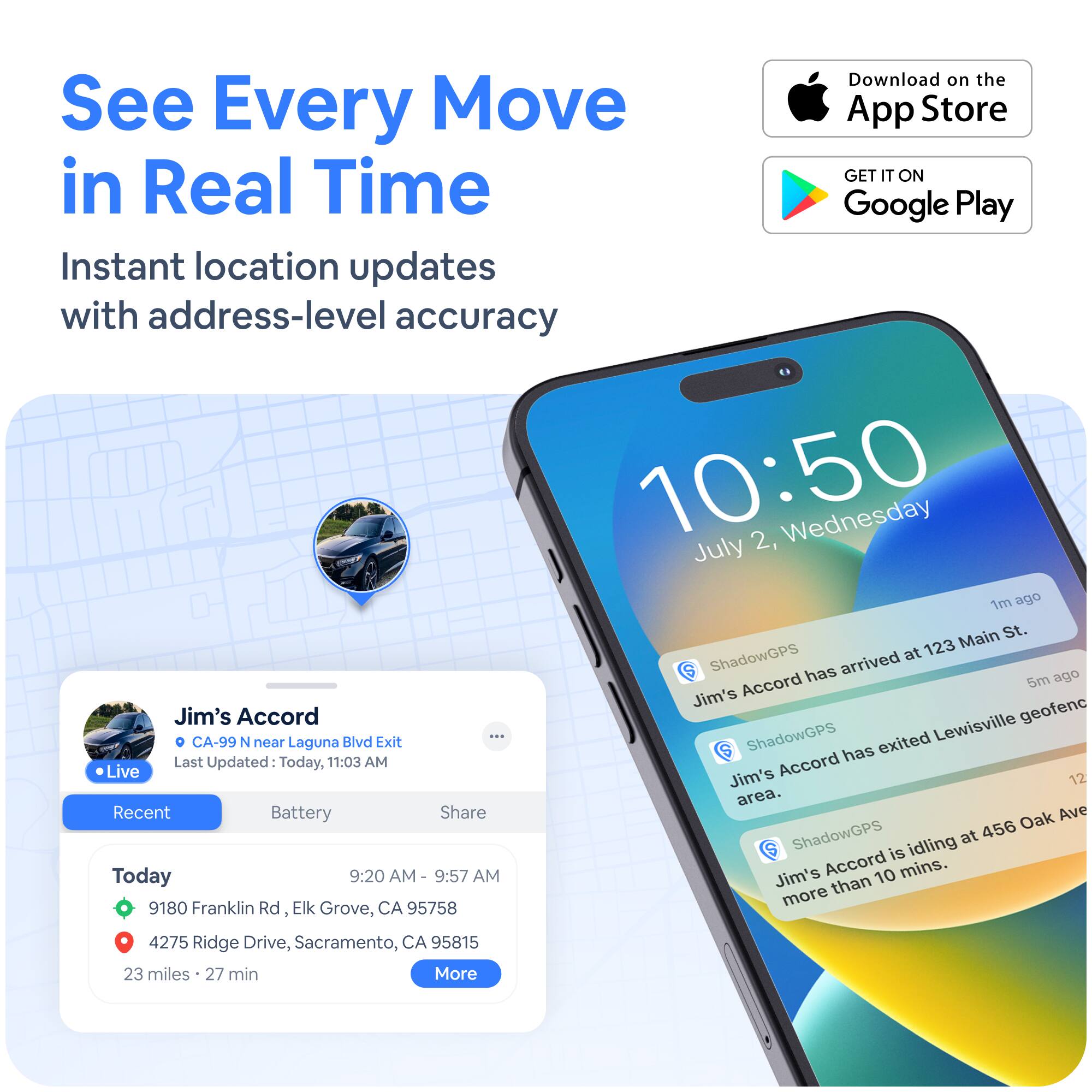 Sure, here is the corrected and grouped text:
---
**See Every Move in Real Time**
Instant location updates with address-level accuracy
---
**Jim's Accord**
- **CA-99 N near Laguna Blvd Exit**
- **Live**
- **Last Updated:** Today, 11:03 AM
**Recent**
- **Today**
- **9:20 AM - 9:57 AM**
- **9180 Franklin Rd, Elk Grove, CA 95758**
- **4275 Ridge Drive, Sacramento, CA 95815**
- **23 miles - 27 min**
**Battery**
**Share**
---
**ShadowGPS**
- **Jim's Accord has arrived at 123 Main St.**
- **1m ago**
- **Jim's Accord has exited Lewisville area.**
- **5m ago**
- **Jim's Accord is idling at 456 Oak Ave.**
- **more than 10 mins.**
- **12**
---
**Download on the App Store**
**GET IT ON Google Play**
---