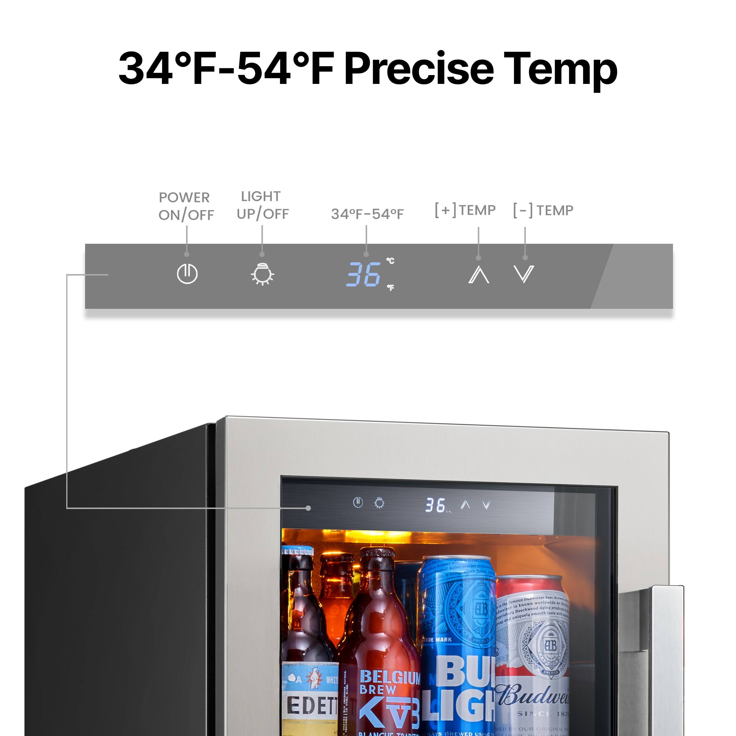 34°F-54°F Precise Temp

POWER ON/OFF  
LIGHT UP/OFF  
34°F-54°F  
[+] TEMP  
[-] TEMP  

36°F  

36 V  

BELGIUM BREW  
BUDWEISER  
EDET  
LIGHT  

KVB  
SINCE 1876