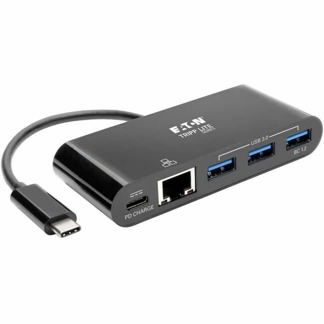 Eaton Tripp Lite Series 3-Port USB-C Hub - USB 3.x (5Gpbs) Hub Ports, Gigabit Ethernet, 60W PD Charging, Black - USB