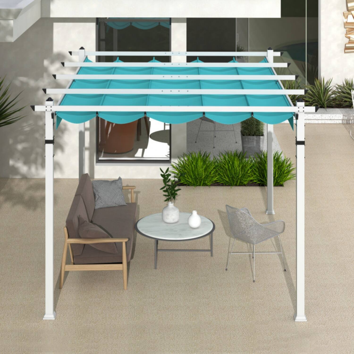Alt View 4. Mondawe - 12x10 FT Outdoor Pergola w Retractable Canopy & Aluminum Frame 3.2" Columns - Turquoise.