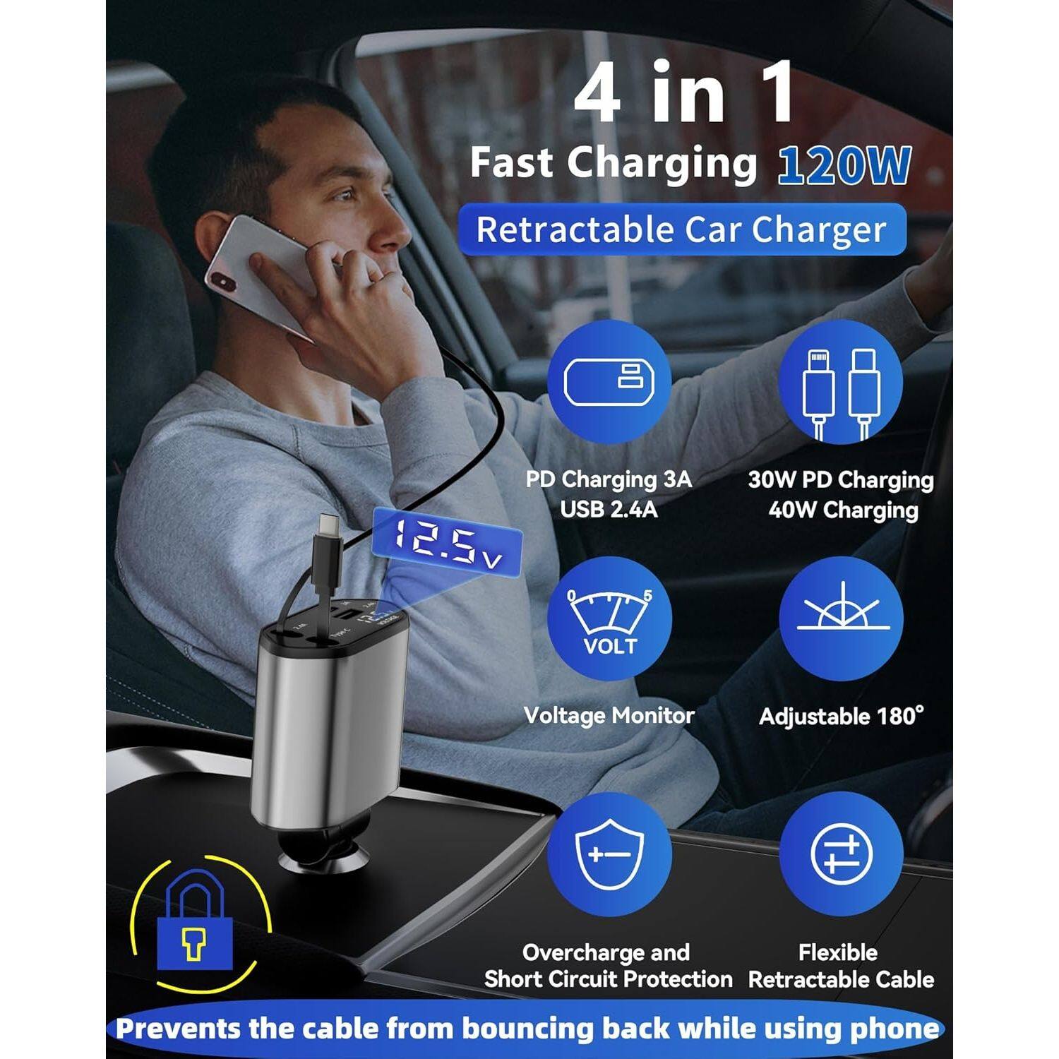 4 in 1 Fast Charging 120W Retractable Car Charger

- PD Charging 3A USB 2.4A
- 30W PD Charging 40W Charging
- Voltage Monitor
- Adjustable 180°
- Overcharge and Short Circuit Protection
- Flexible Retractable Cable

Prevents the cable from bouncing back while using phone