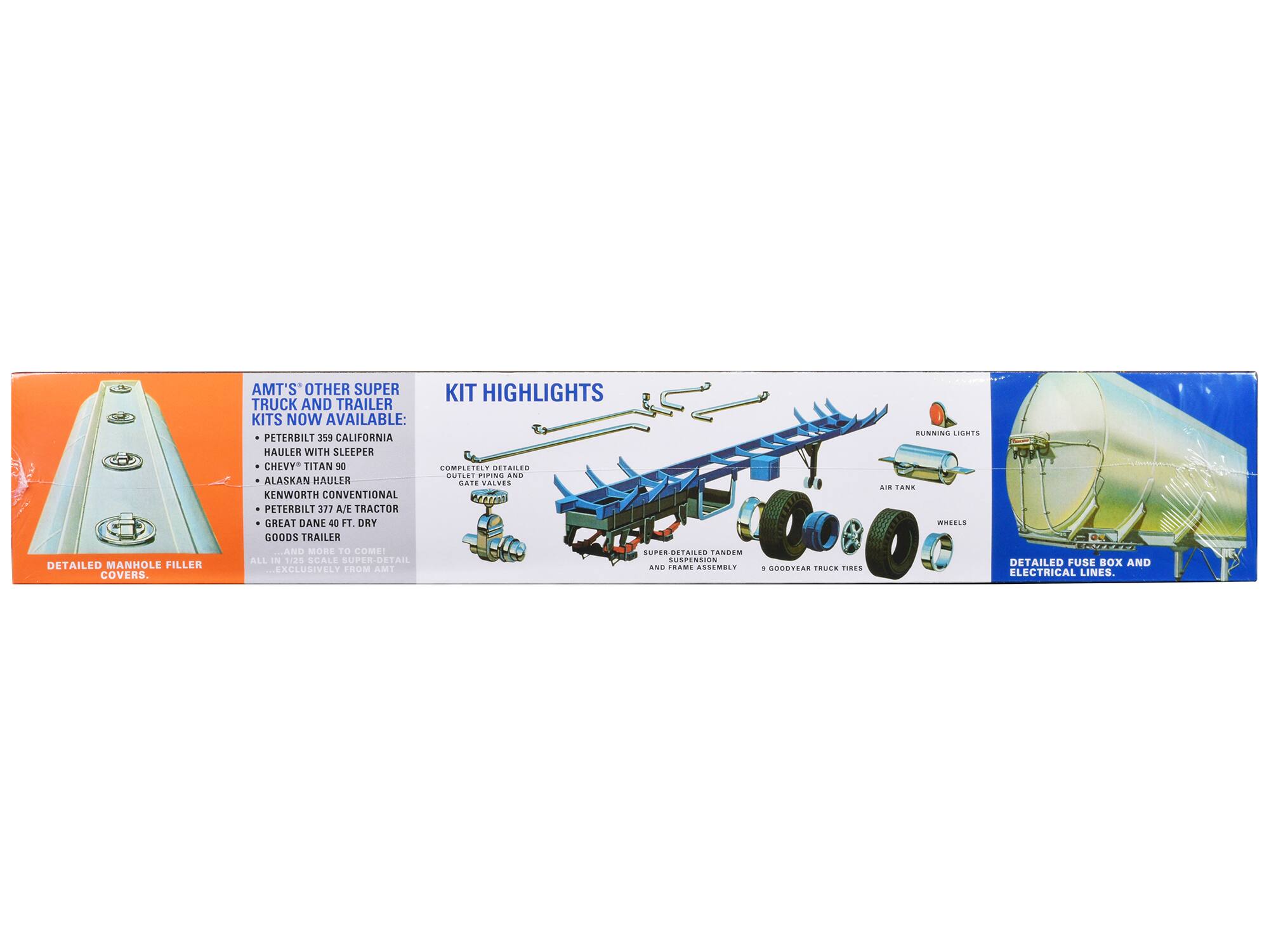 Sure, here is the corrected and grouped text:

---

**AMT'S OTHER SUPER TRUCK AND TRAILER KITS NOW AVAILABLE:**

- PETERBILT 359 CALIFORNIA HAULER WITH SLEEPER
- CHEVY TITAN 90
- ALASKAN HAULER
- KENWORTH CONVENTIONAL
- PETERBILT 377 A/E TRACTOR
- GREAT DANE 40 FT. DRY GOODS TRAILER

**KIT HIGHLIGHTS**

- COMPLETELY DETAILED
- SUPER-OFF-ROAD TANDEM SUSPENSION AND FRAME ASSEMBLY
- 9 GOOD YEAR TRUCK TIRES
- AIR TANK
- WHEELS
- RUNNING LIGHTS
- DETAILED FUSE BOX AND ELECTRICAL LINES

**EXCLUSIVELY FROM AMT**

---

**DETAILS:**

- DETAILED MANHOLE FILLER COVERS
- COMPLETELY DETAILED OUILET PIPING AND ALASKAN HAULER CATE VALVES
- SUPER-DETAIL SUSPENSION
- RUNNING LIGHTS
- DETAILED FUSE BOX AND ELECTRICAL LINES

