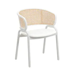 LeisureMod - Ervilla Mid-Century Velvet Dining Armchair - Modern Rattan Back Accent Kitchen Chair with Metal Legs - White