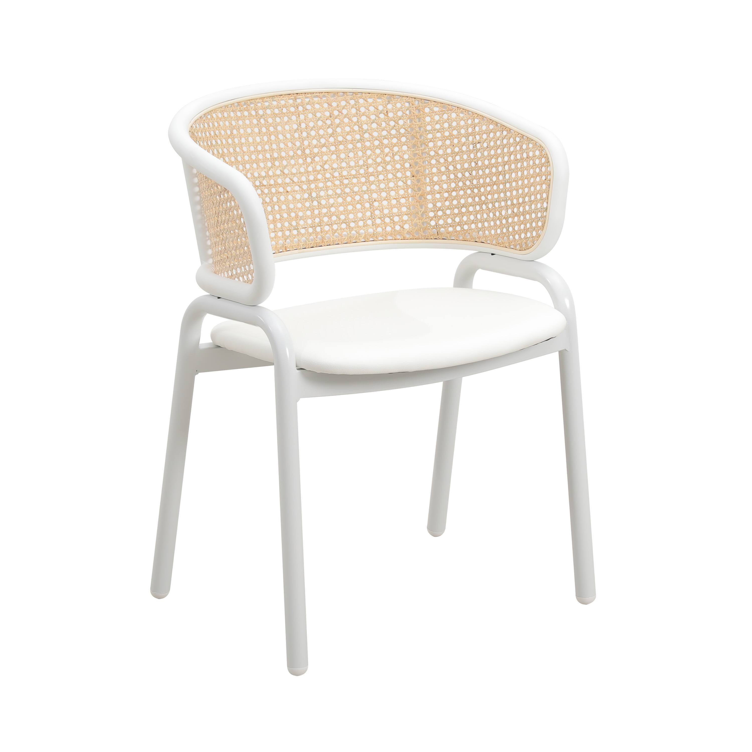 Front. LeisureMod - Ervilla Mid-Century Velvet Dining Armchair - Modern Rattan Back Accent Kitchen Chair with Metal Legs - White.