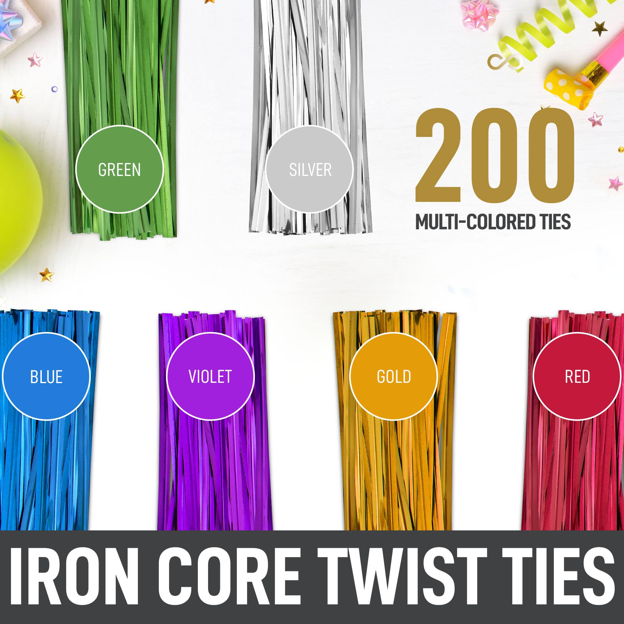 GREEN SILVER 200 MULTI-COLORED TIES BLUE VIOLET GOLD RED IRON CORE TWIST TIES