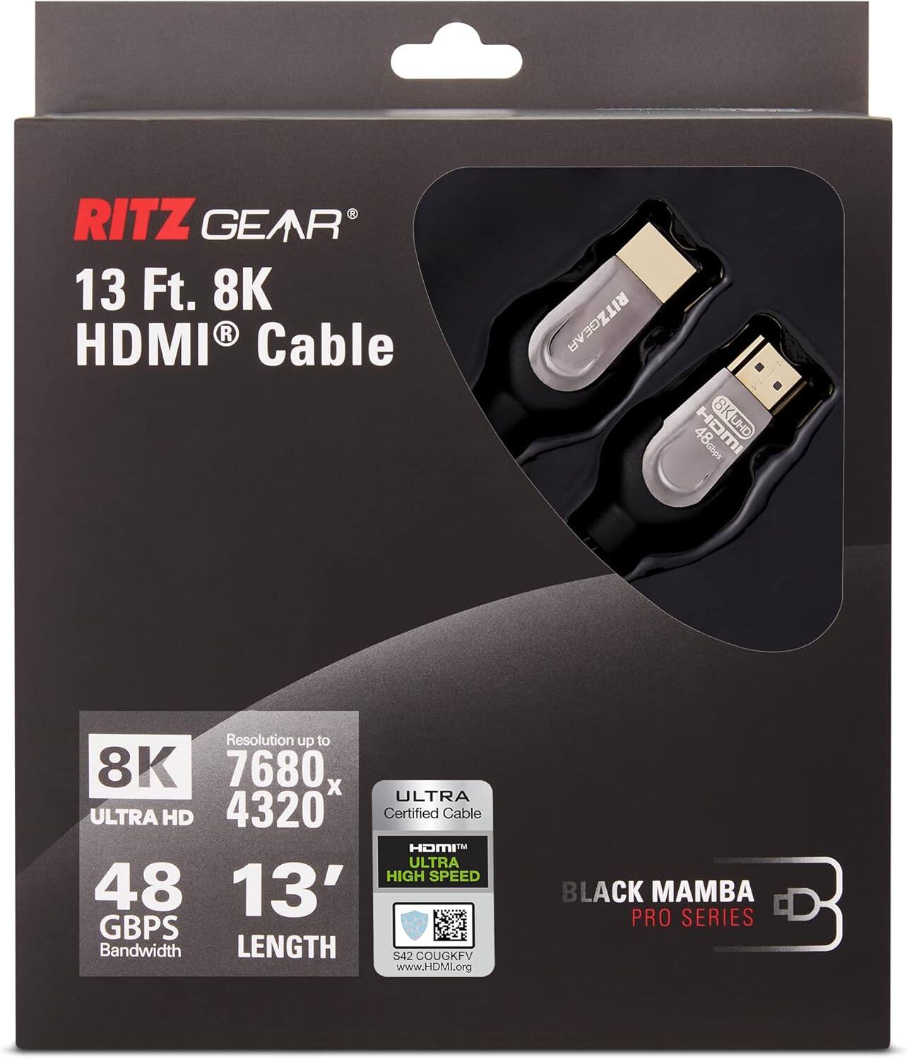 Ritz Gear - 8K HDMI 2.1 Cable 13 ft 48 Gbps Braided Nylon Cord & Gold Connectors - 10K/8K@60Hz UHD/4K@120Hz/1080P Compatible - Black