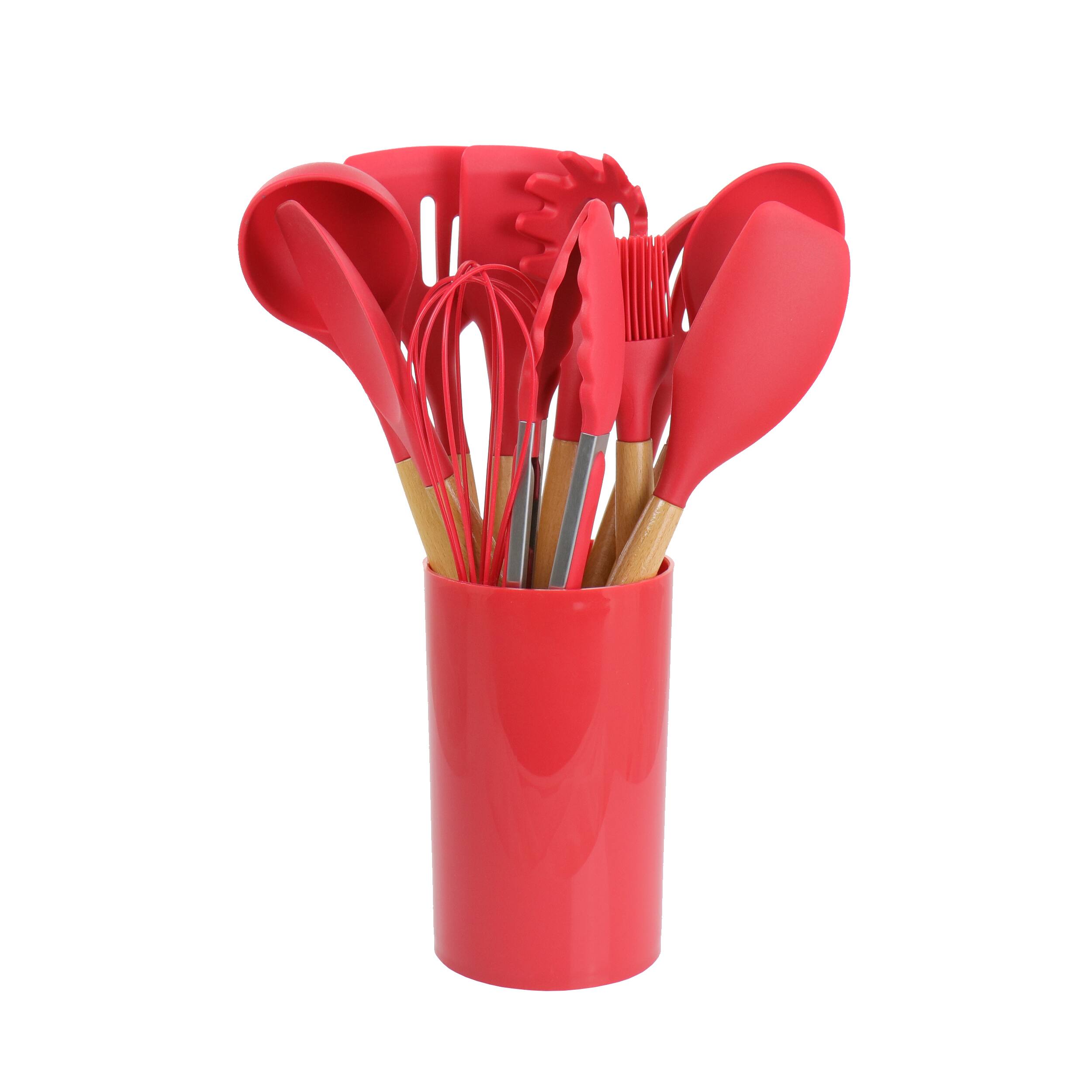 Alt View 1. MegaChef - MegaChef Red Silicone and Wood Cooking Utensils, Set of 12 - Red.