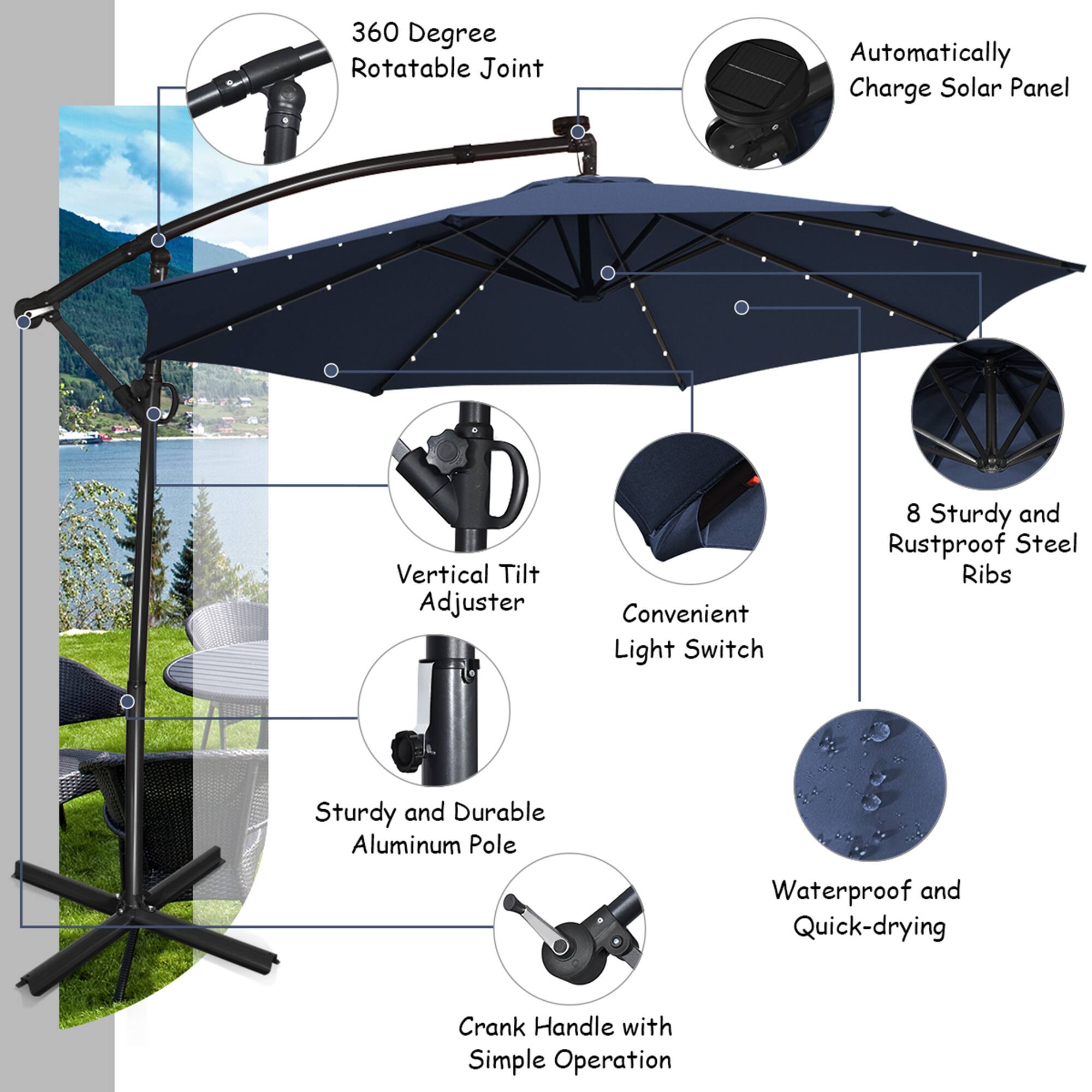 360 Degree Rotatable Joint, Automatically Charge Solar Panel, Vertical Tilt Adjuster, Convenient Light Switch, 8 Sturdy and Rustproof Steel Ribs, Sturdy and Durable Aluminum Pole, Waterproof and Quick-drying, Crank Handle with Simple Operation