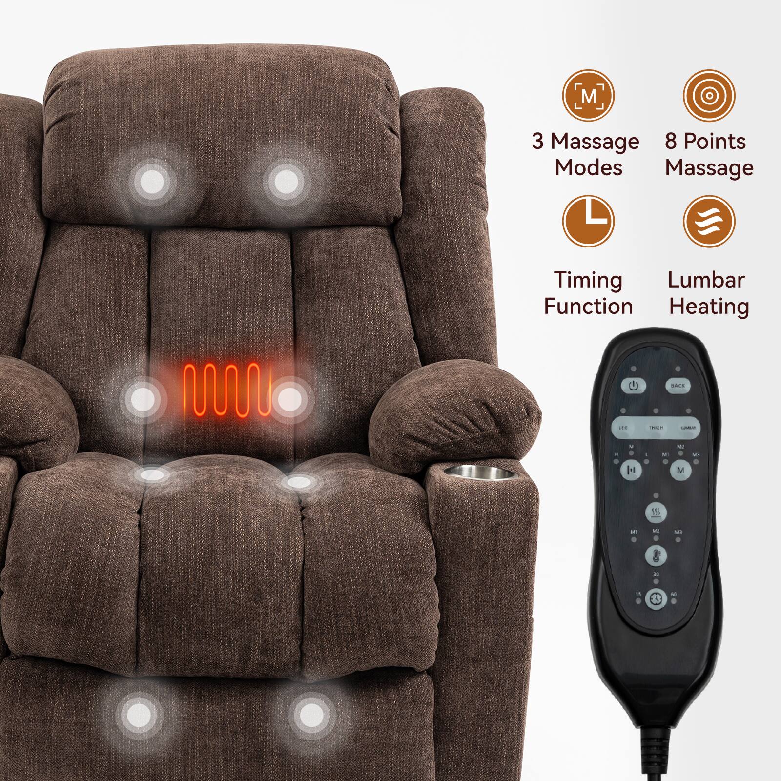 3 Massage Modes  
8 Points Massage  
Timing Function  
Lumbar Heating