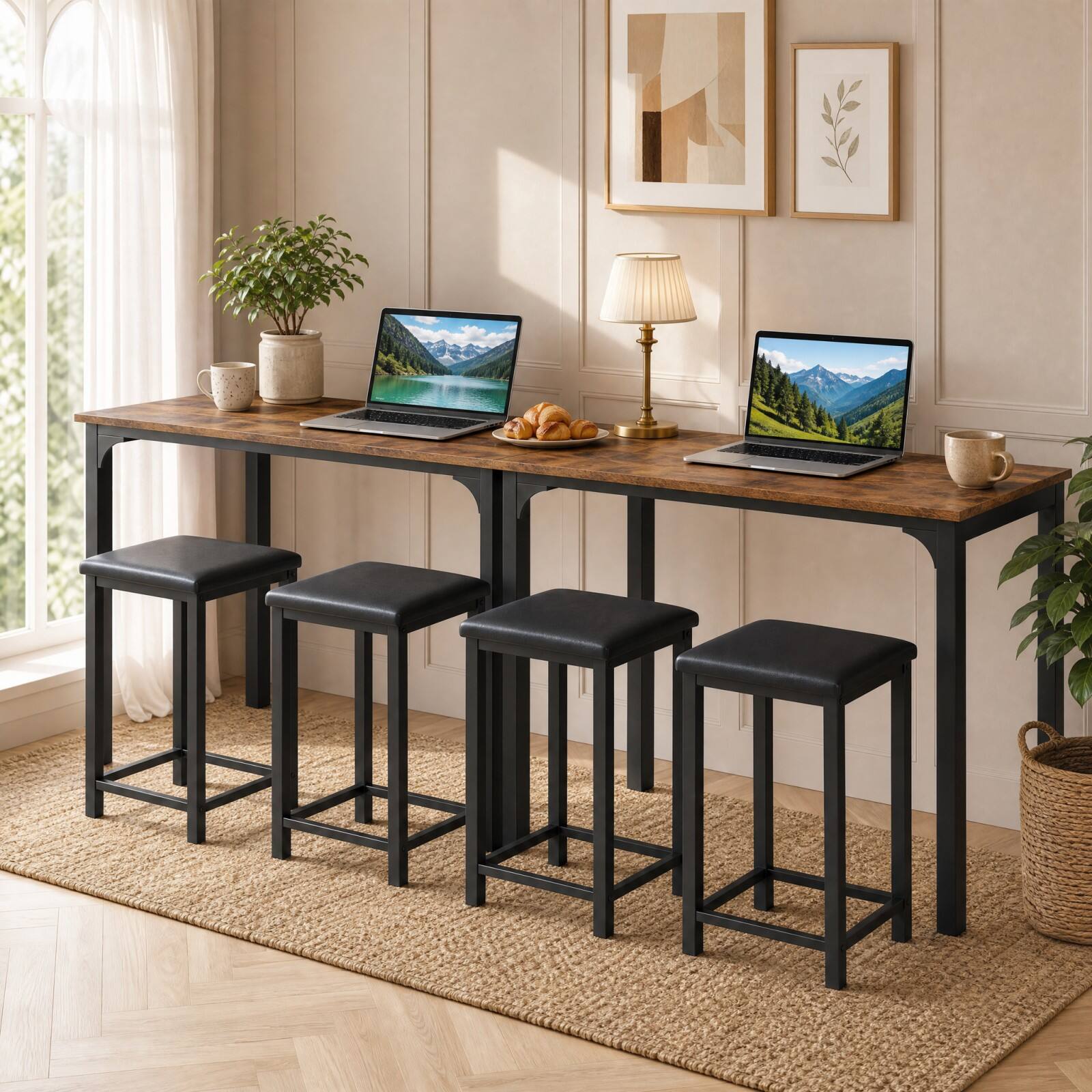 Alt View 5. Gymax - Gymax Set of 3 Counter-Height Dining Table Set Rectangle Bar Table w/ 2 Upholstered Stools Padded Seats Metal Legs - Brown.