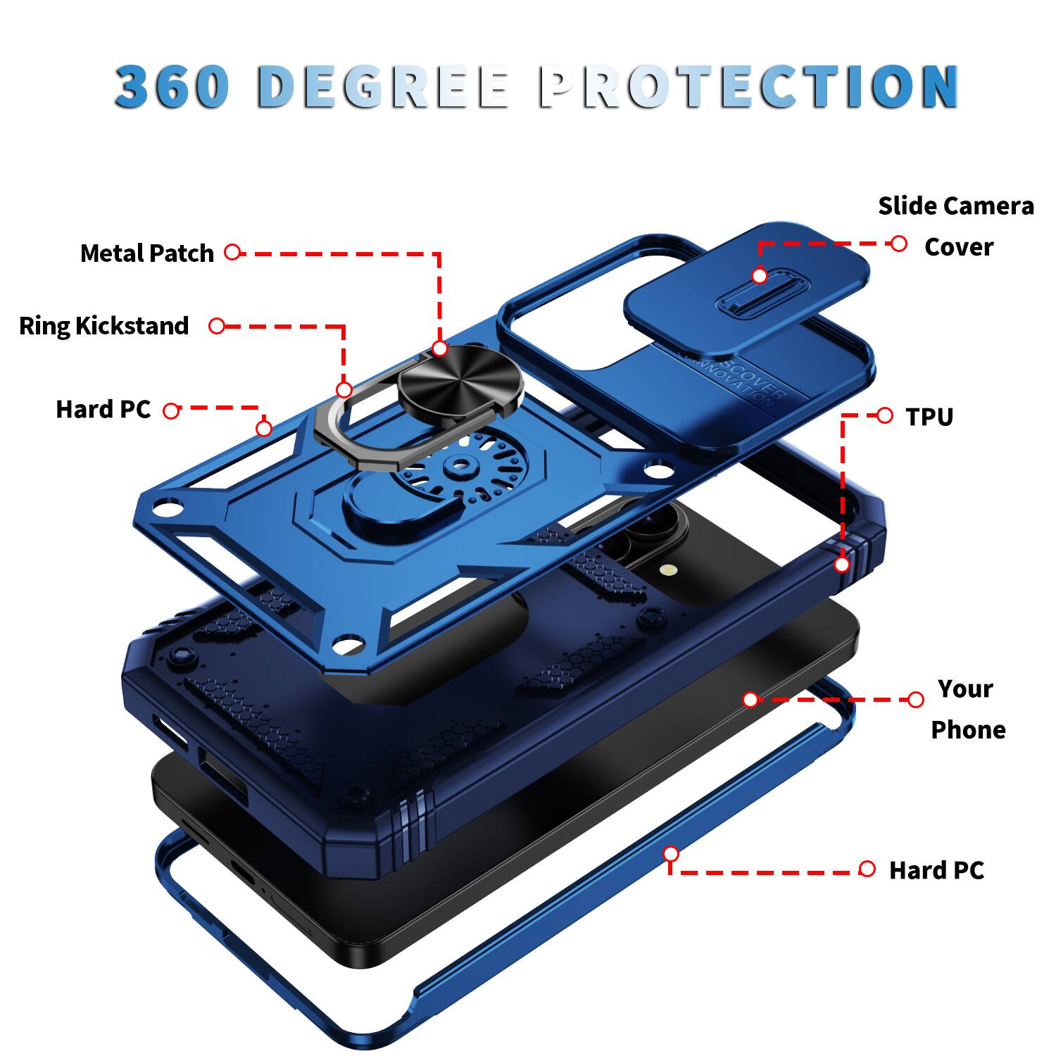 360 Degree Protection Slide Camera Metal Patch Cover Ring Kickstand Hard PC TPU Your Phone