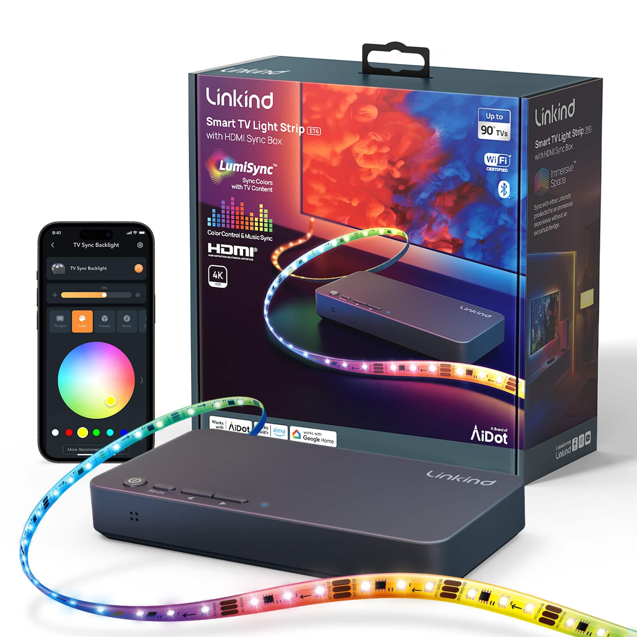 Linkind Smart TV Light Strip with HDMI Sync Box

LumiSync
Sync Colors with TV Content

ColorControl & MusicSync

HDMI

4K

Up to 90 TVs

Wi-Fi

Works with AiDot

Google Home

Linkind

Linkind Smart TV Light Strip with HDMI Sync Box

Intrusive Source
Synchronize other immersive products to enhance the ambiance.

Works with AiDot

Google Home