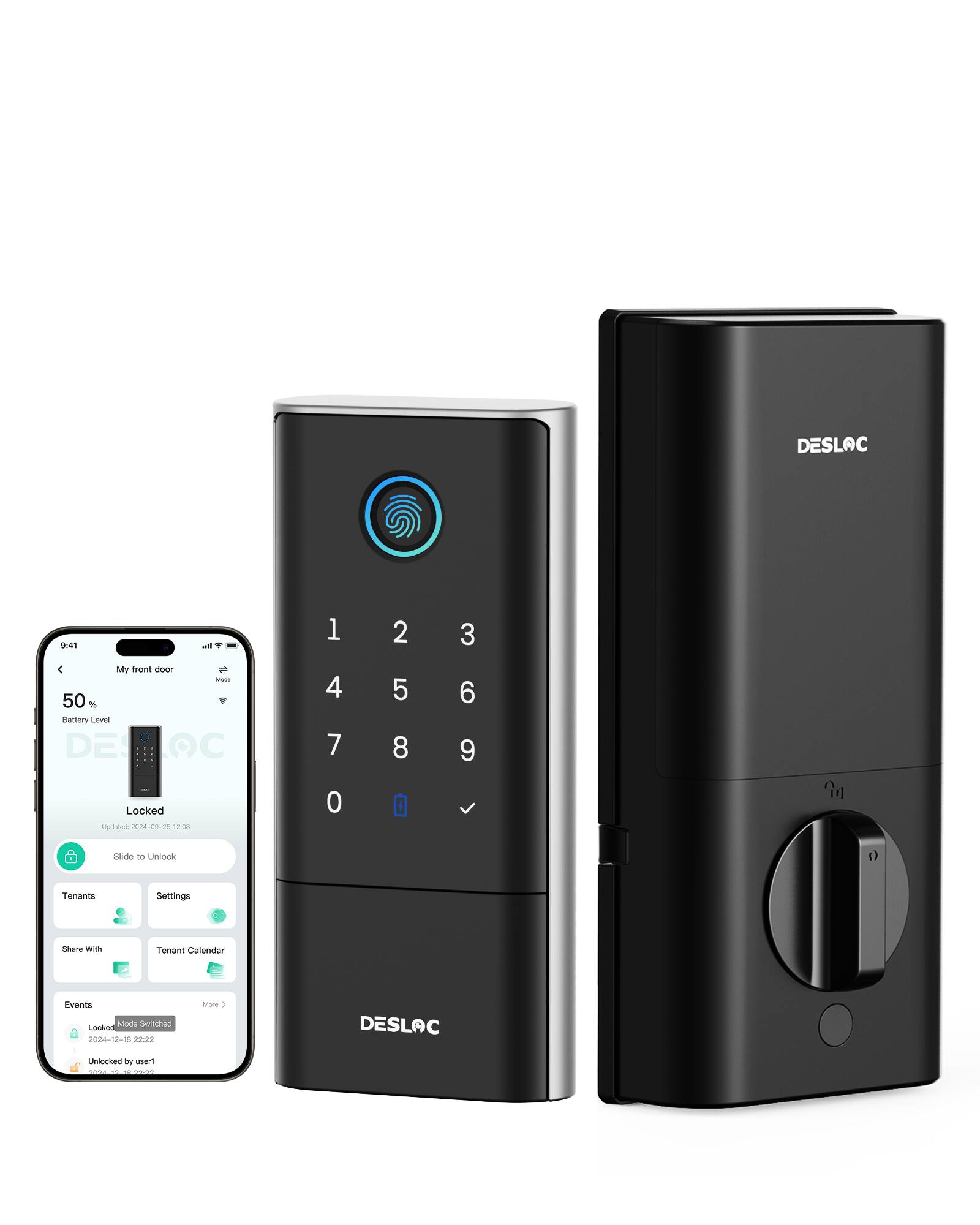 DESLAC 9:41 - 1 2 3  
My front door - 50%  
N datery Levai  
DEBOC DES OC  
Locked  
Lovtatan 2024-08-25  
sho 4 7 0 5 8 6 9  
?4  
Sde to Unlock  
Tanants Settings  
Share with Tenant  
Calendar Events  
Mode  
noutman  
Locked 2024-12-10  
2022  
Mors  
DESLAC  
Unlocked by user1