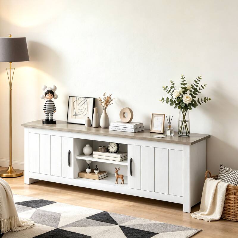 Angle. WELLFOR - Farmhouse TV Stand for TVs up to 65", Entertainment Center Console Table with Doors - Natural.