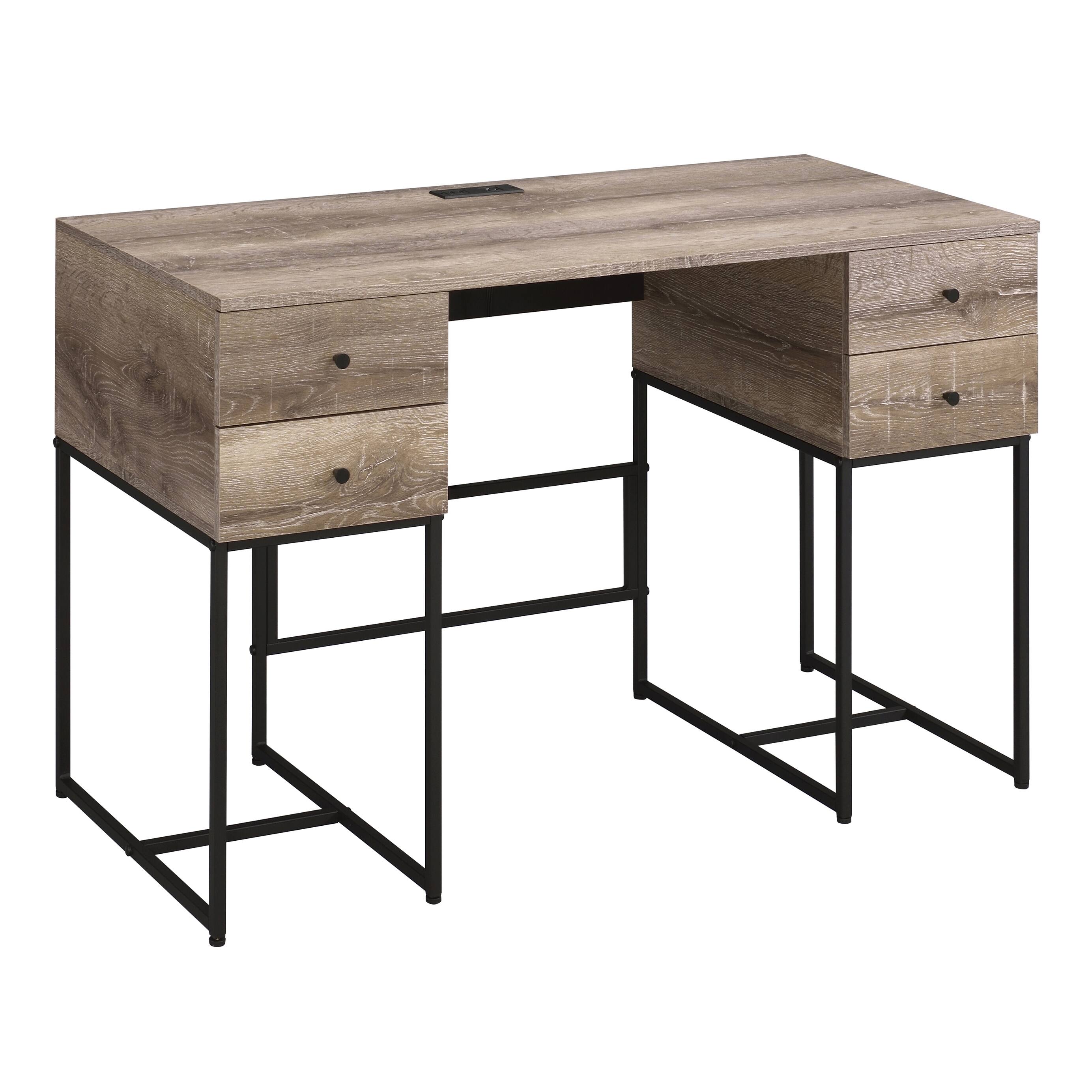 Angle. TinyHomie - Rustic Oak and Black 4-drawer Writing Desk - Black and Brown.