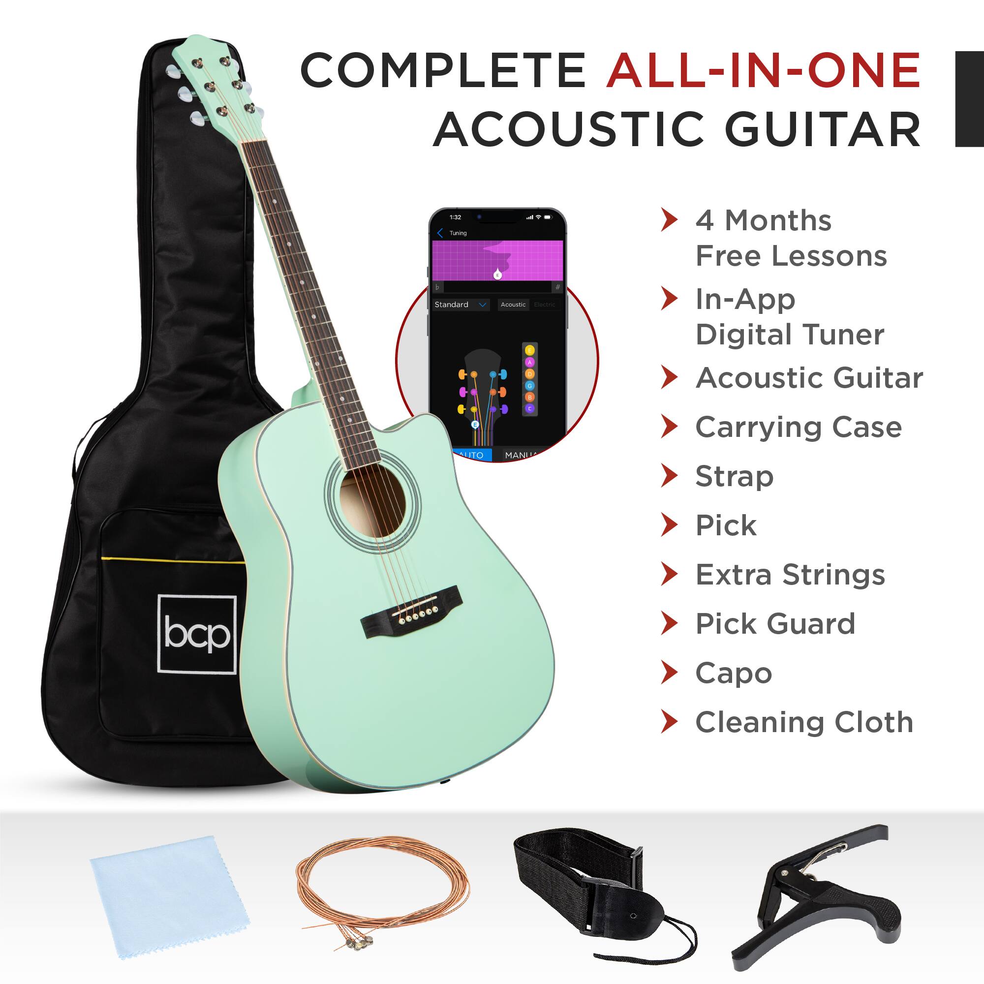 COMPLETE ALL-IN-ONE ACOUSTIC GUITAR
- 4 Months Free Lessons
- In-App Digital Tuner
- Acoustic Guitar
- Carrying Case
- Strap
- Pick
- Extra Strings
- Pick Guard
- Capo
- Cleaning Cloth