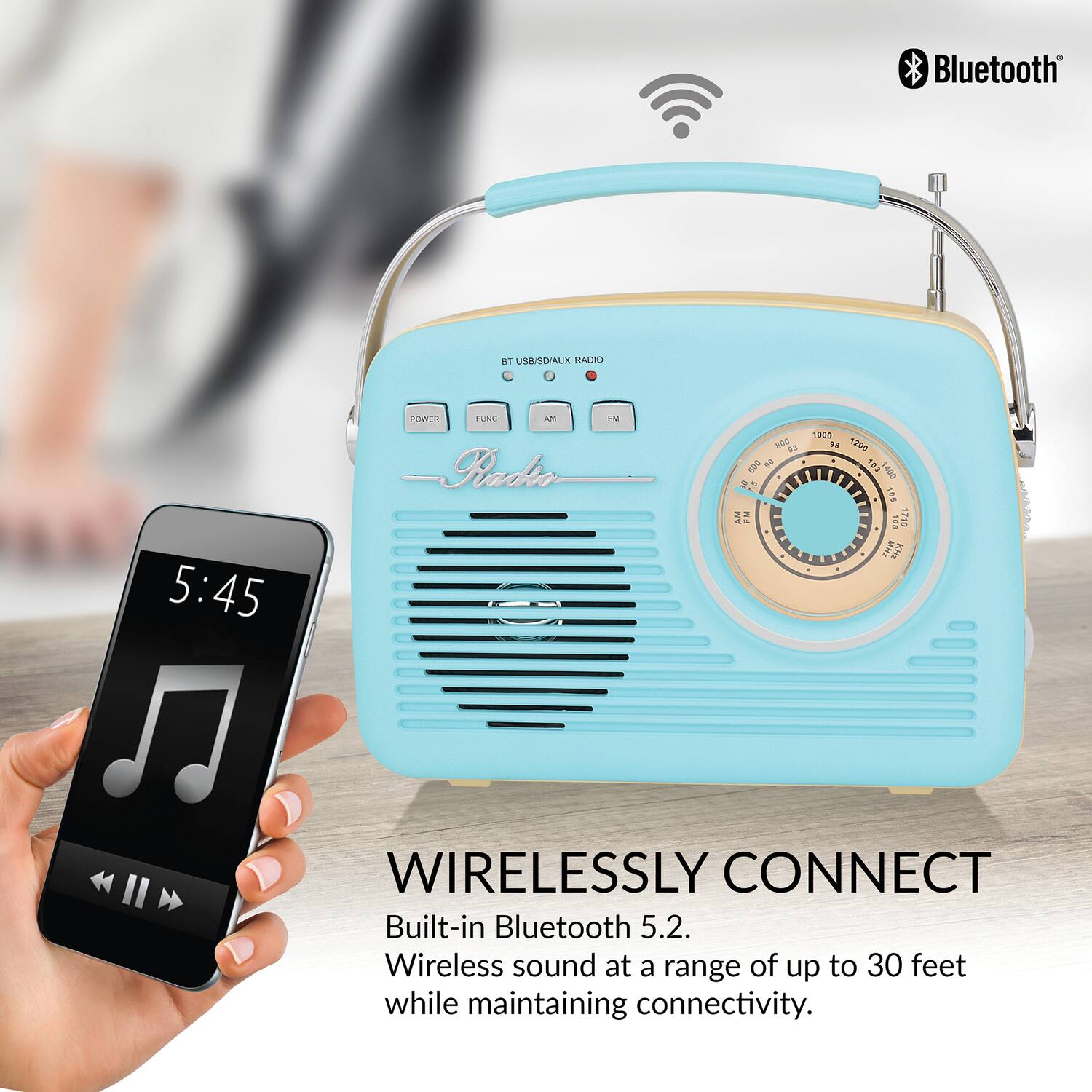 Bluetooth TUNB/SEAUX RADIO + d 5:45 POWER FNC AN Radso M nog de 800 1 D0 : . 1000 Pa K200 1H B0 SN1 FU 1710

WIRELESSLY CONNECT
Built-in Bluetooth 5.2.
Wireless sound at a range of up to 30 feet while maintaining connectivity.