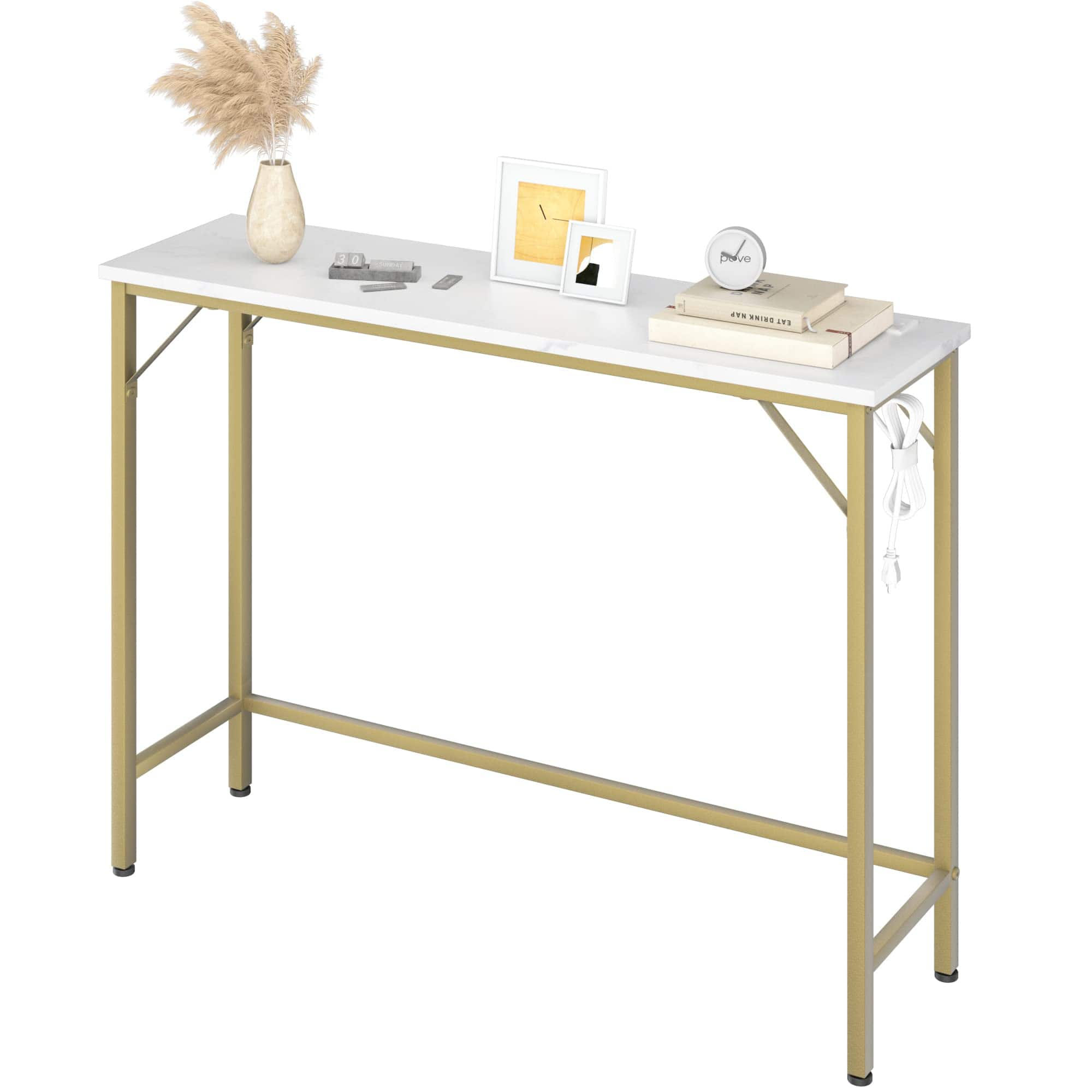 Jojoka - Narrow Console Table, Sofa Table with Outlets, Behind Couch Table for Living Room, Hallway Table for Entryway - Gold
