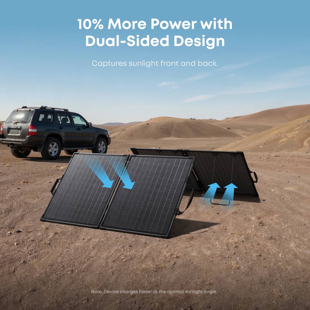 10% More Power with Dual-Sided Design Captures sunlight front and back. Note: Device charges faster at the optimal sunlight angle.