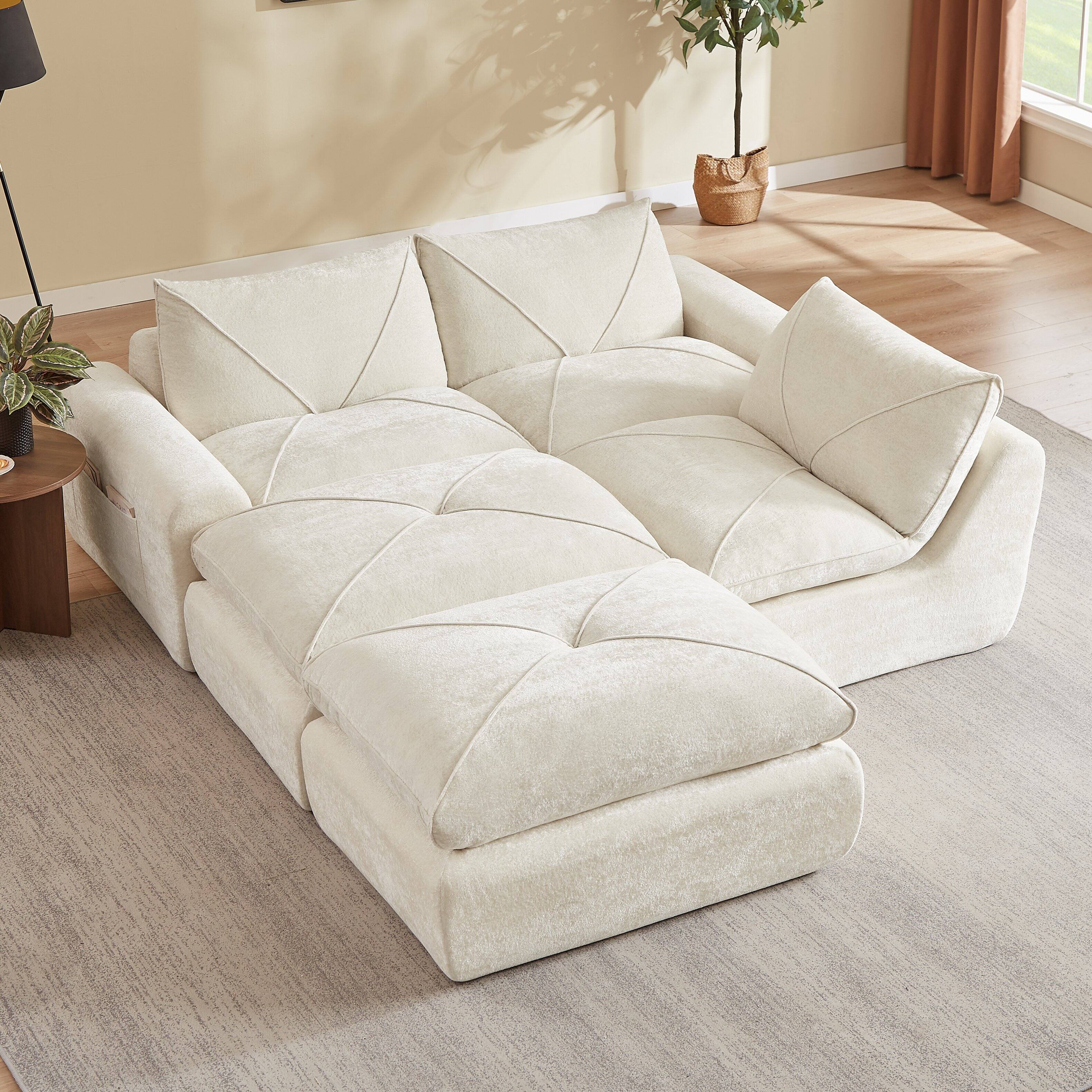 Alt View 1. Loheer - Loheer Modern Minimalist Chenille Sectional Sofa with Ottoman Spacious Living Room Combination Couch - Beige.