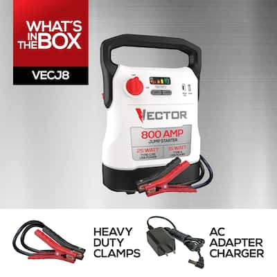 Vector 800 Amp 12 Volt Automotive Compact Jump Starter, USB Power Vector 800 Amp 12 Volt Automotive Compact Jump Starter, USB Power