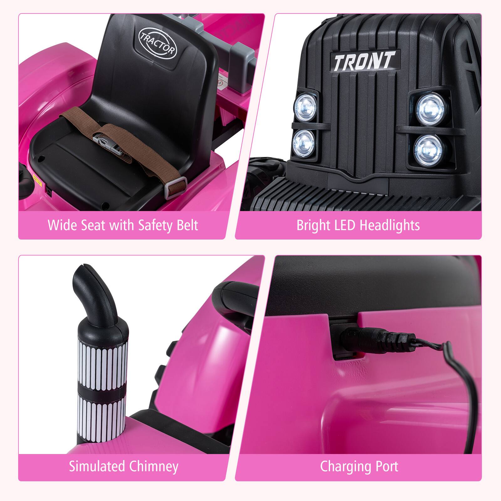 - Wide Seat with Safety Belt
- Bright LED Headlights
- Simulated Chimney
- Charging Port