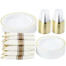 Elama - 350 Piece Disposable Plastic Dinnerware Party Set for 50 Guests with Gold Trim - White